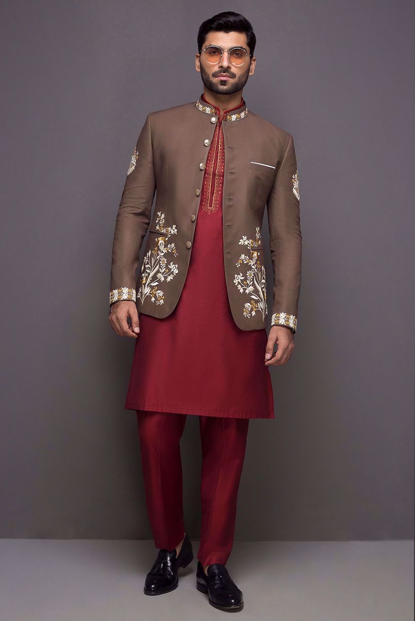 Brown Embroidered Suiting Prince Coat (3-Piece) - Image 1