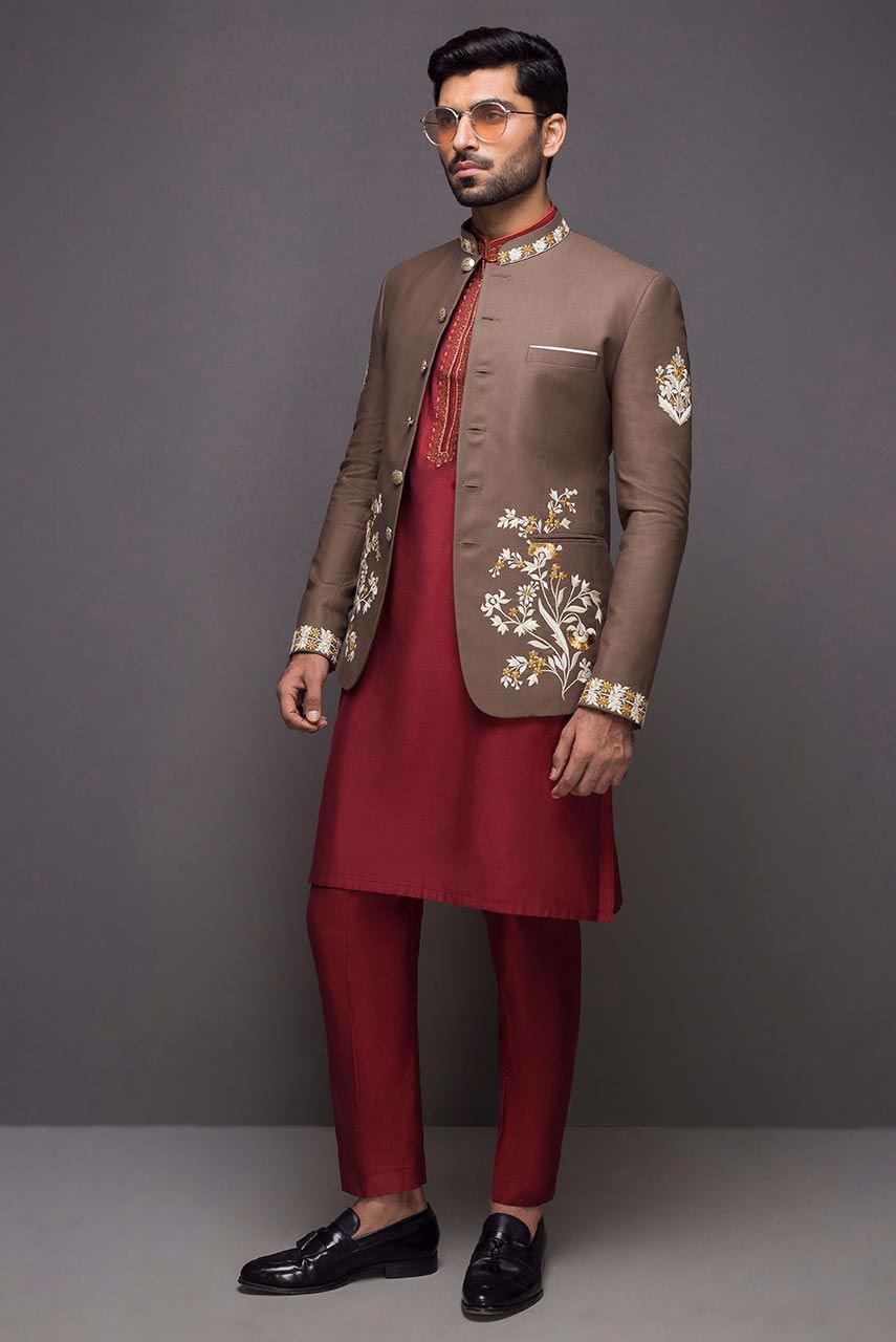 Brown Embroidered Suiting Prince Coat (3-Piece) - Image 2