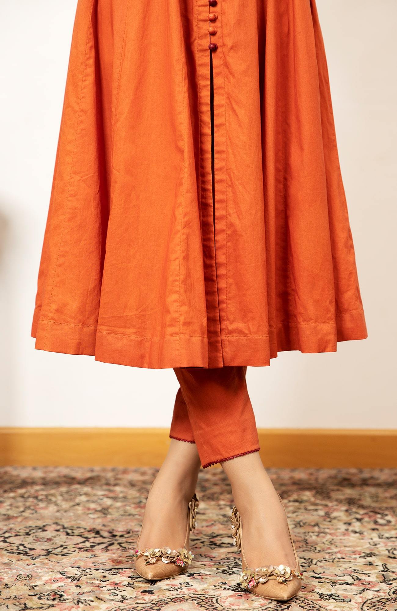 Rust Zari Resham Cambric Cotton Salwar Kameez (2-Piece) - Image 1