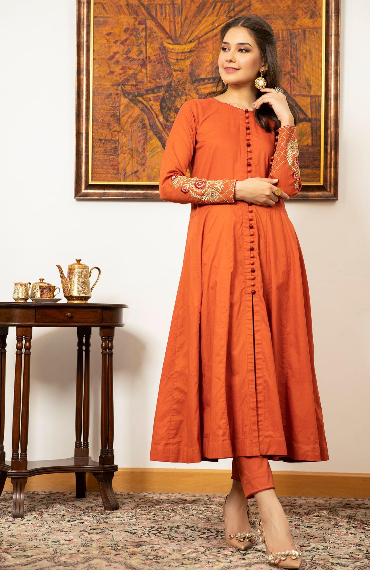 Rust Zari Resham Cambric Cotton Salwar Kameez (2-Piece) - Image 2