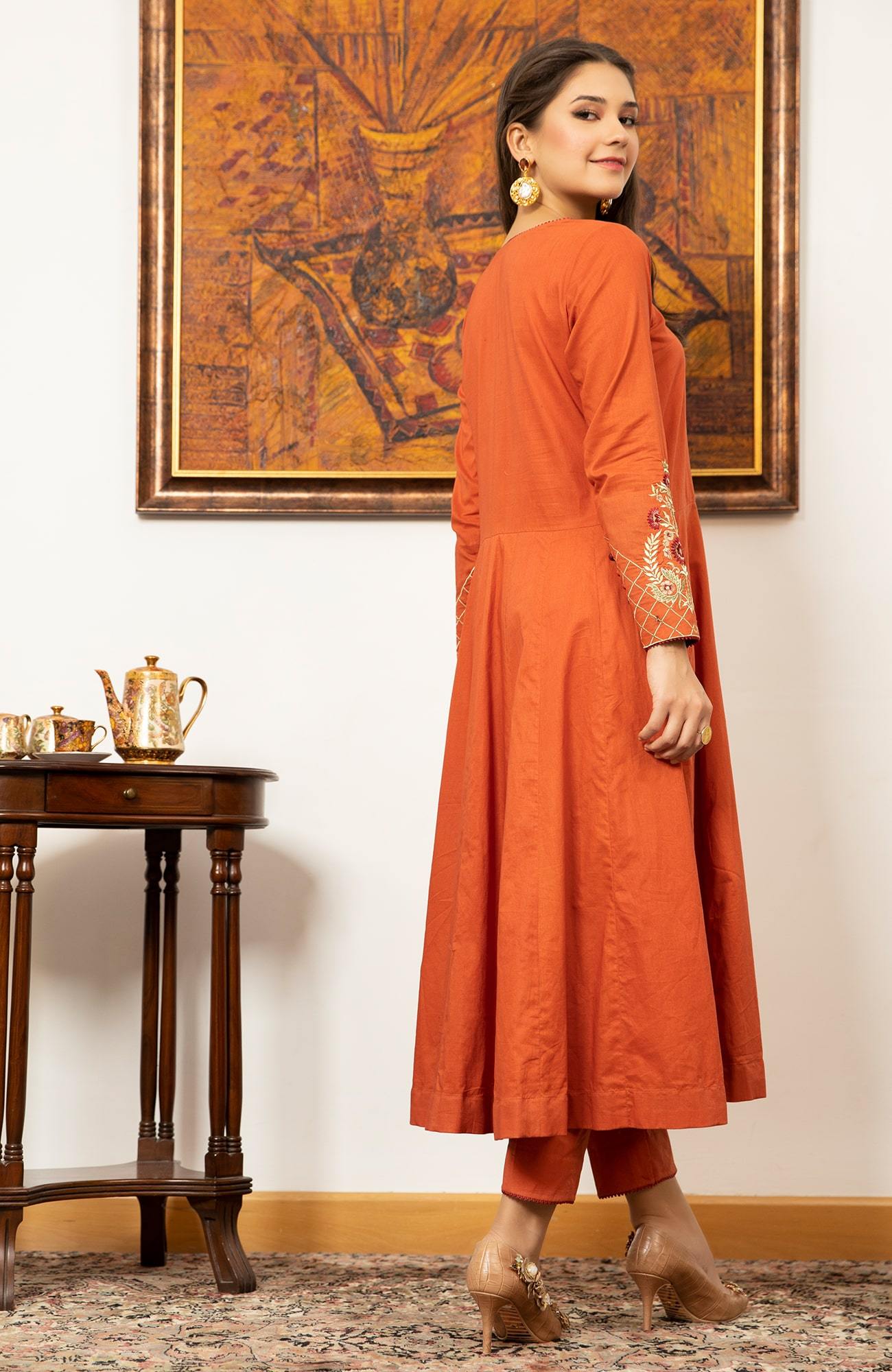 Rust Zari Resham Cambric Cotton Salwar Kameez (2-Piece) - Image 3