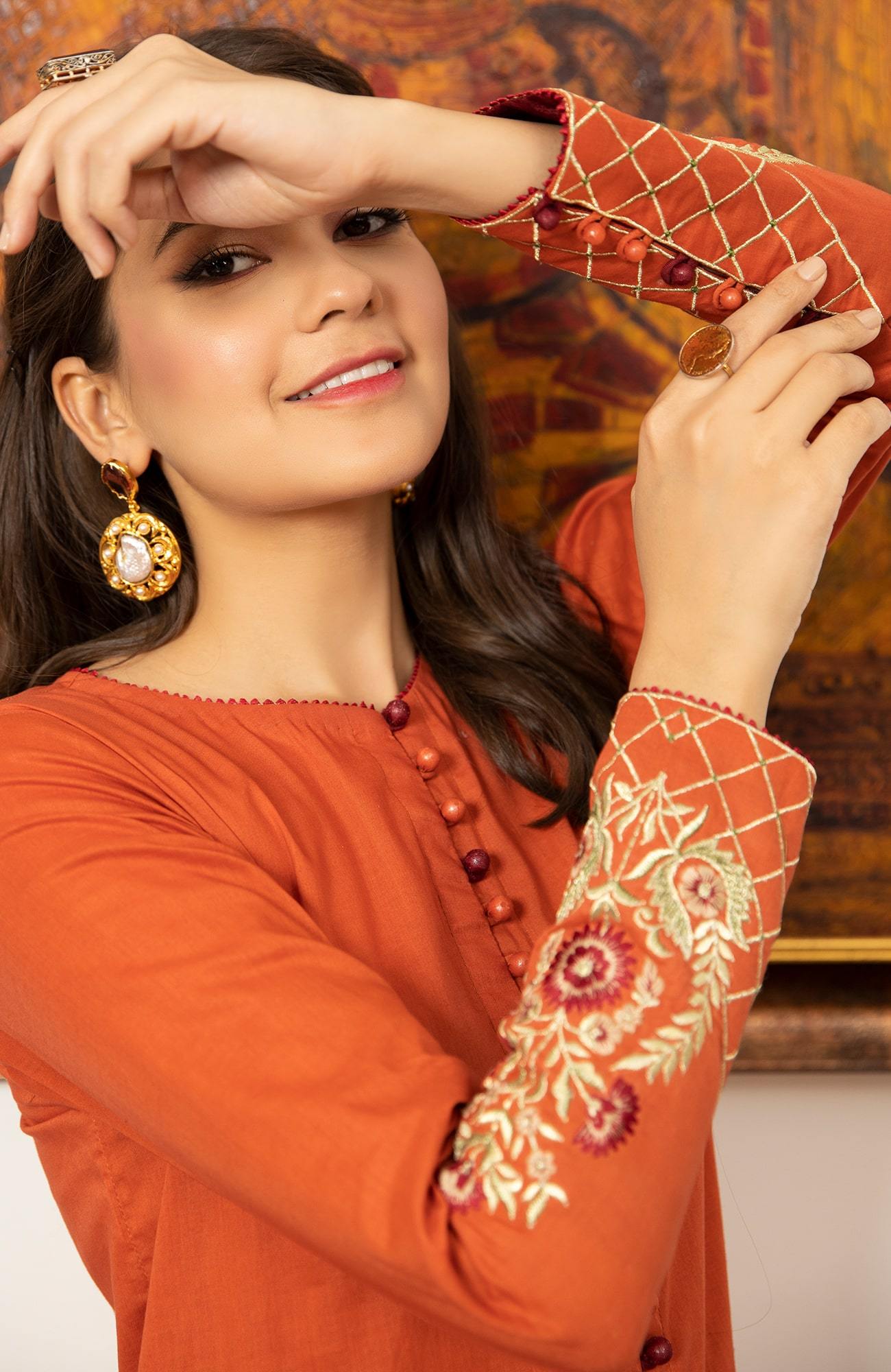 Rust Zari Resham Cambric Cotton Salwar Kameez (2-Piece) - Image 4
