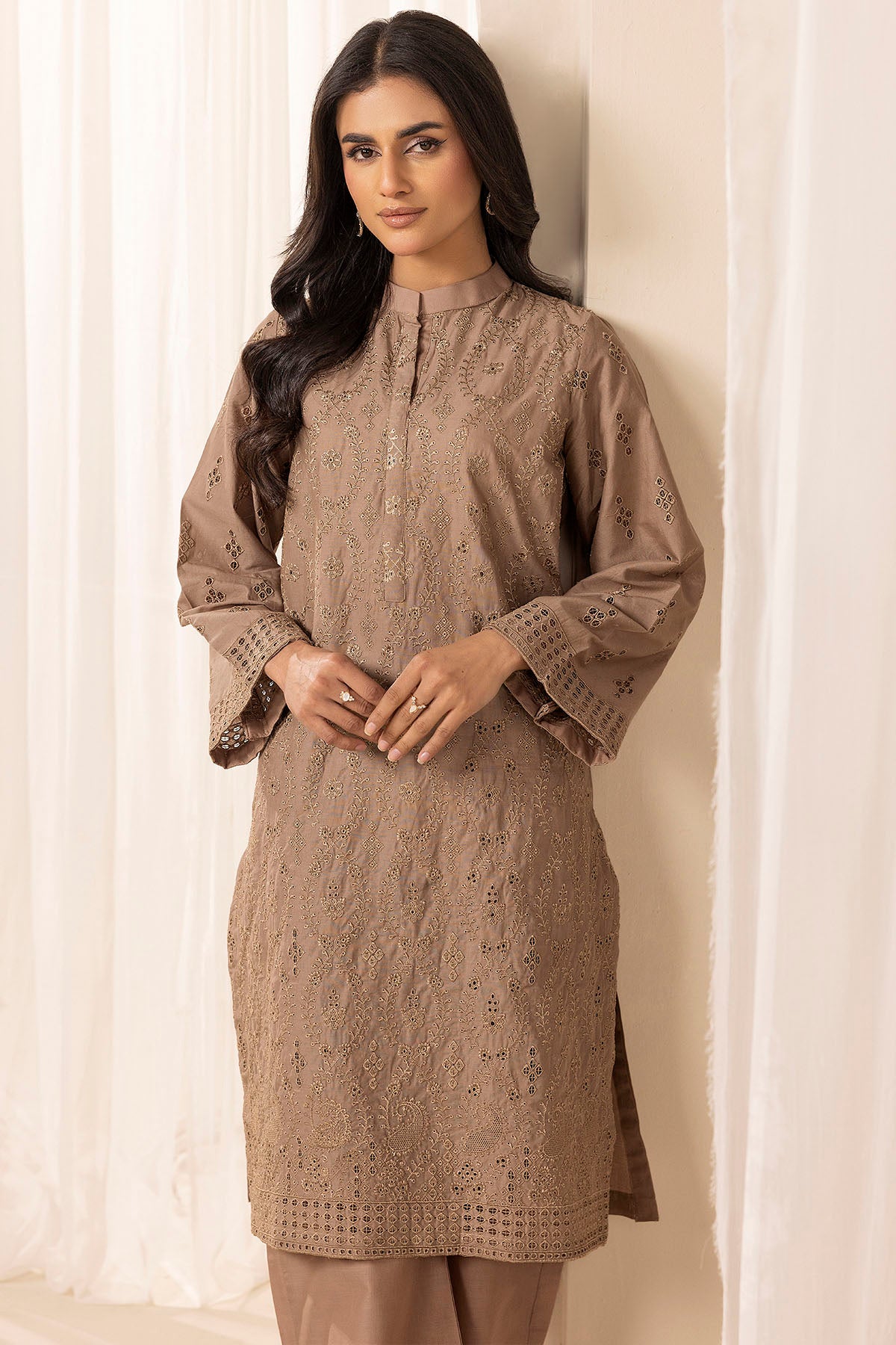 Pakistani Garnet Schiffli Embroidered Cambric Lawn Salwar Kameez (2-Piece) - Image 2