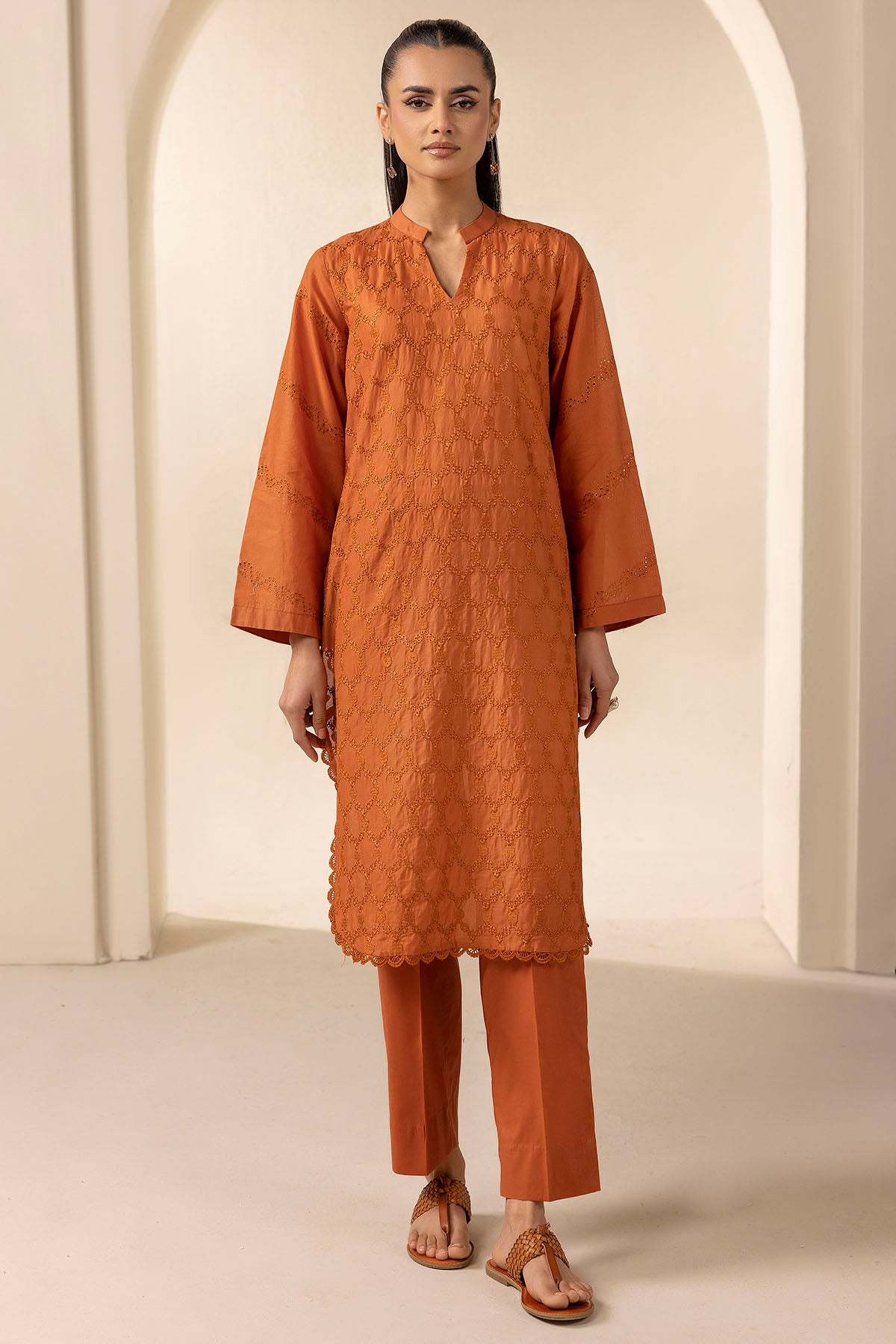 Rust Embroidered Cambric Lawn Shirt (2-Piece) - Image 1