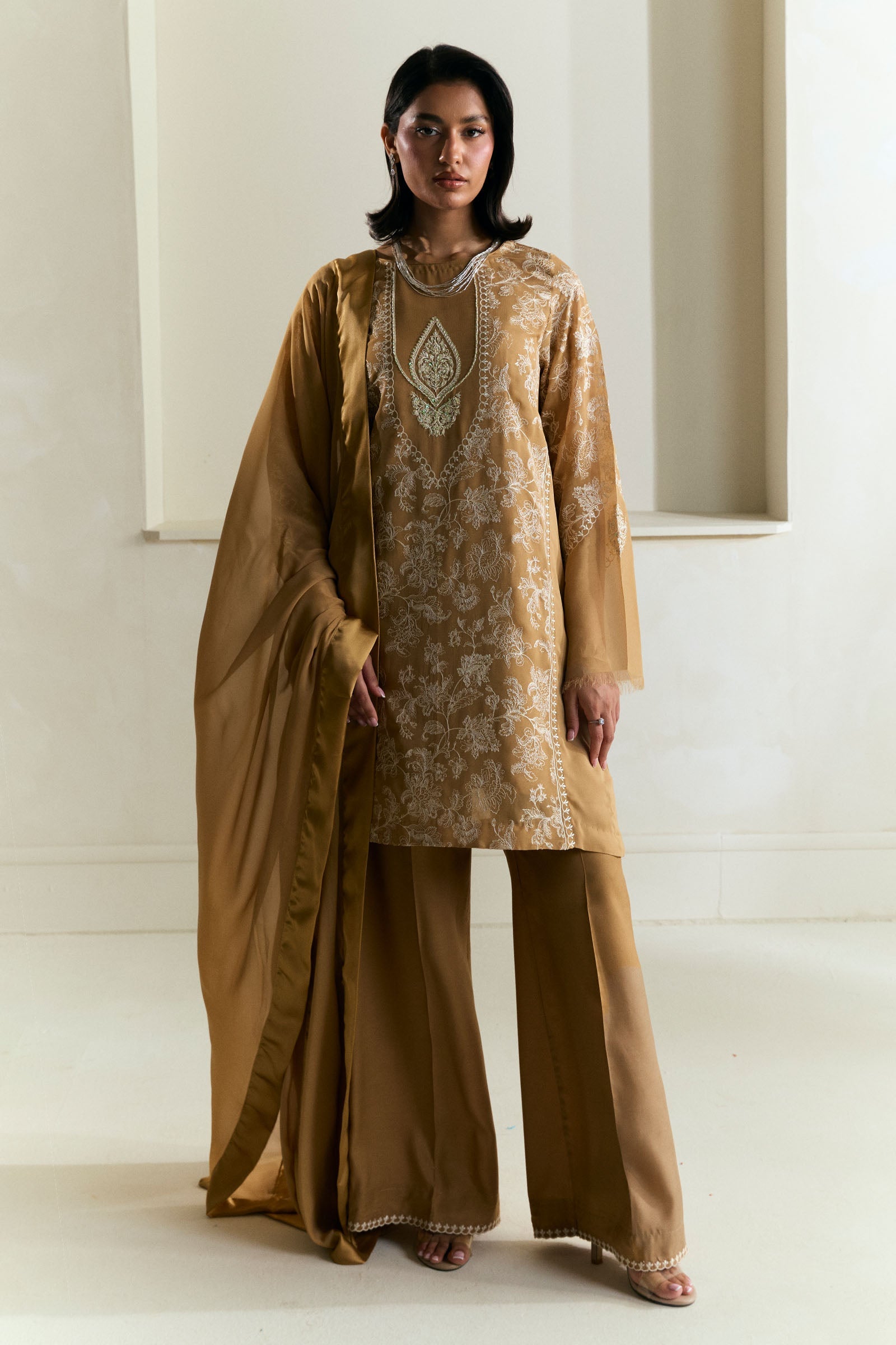Ash Brown Embroidered Chiffon Georgette 3-Piece Suit - Image 1