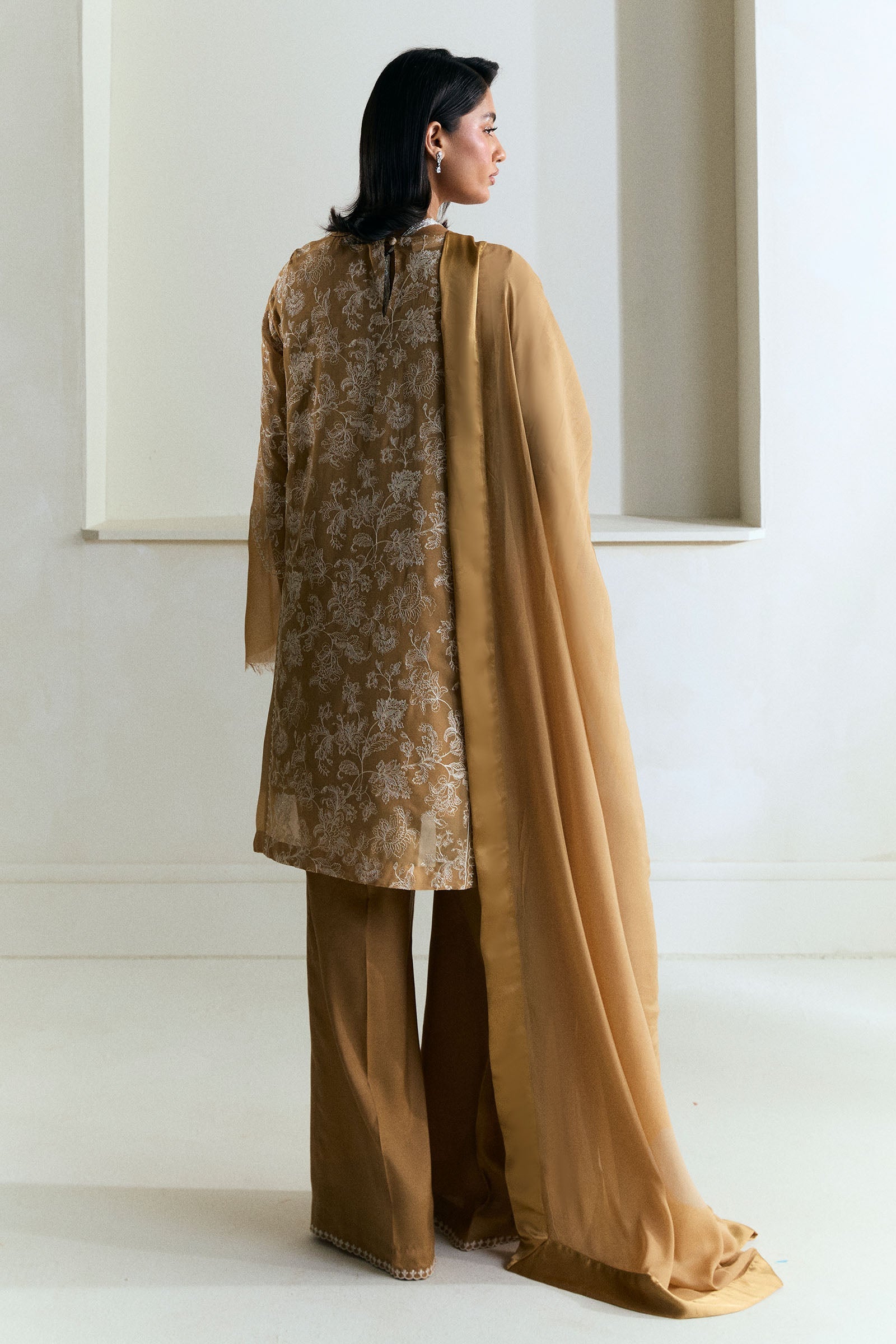 Ash Brown Embroidered Chiffon Georgette 3-Piece Suit - Image 2
