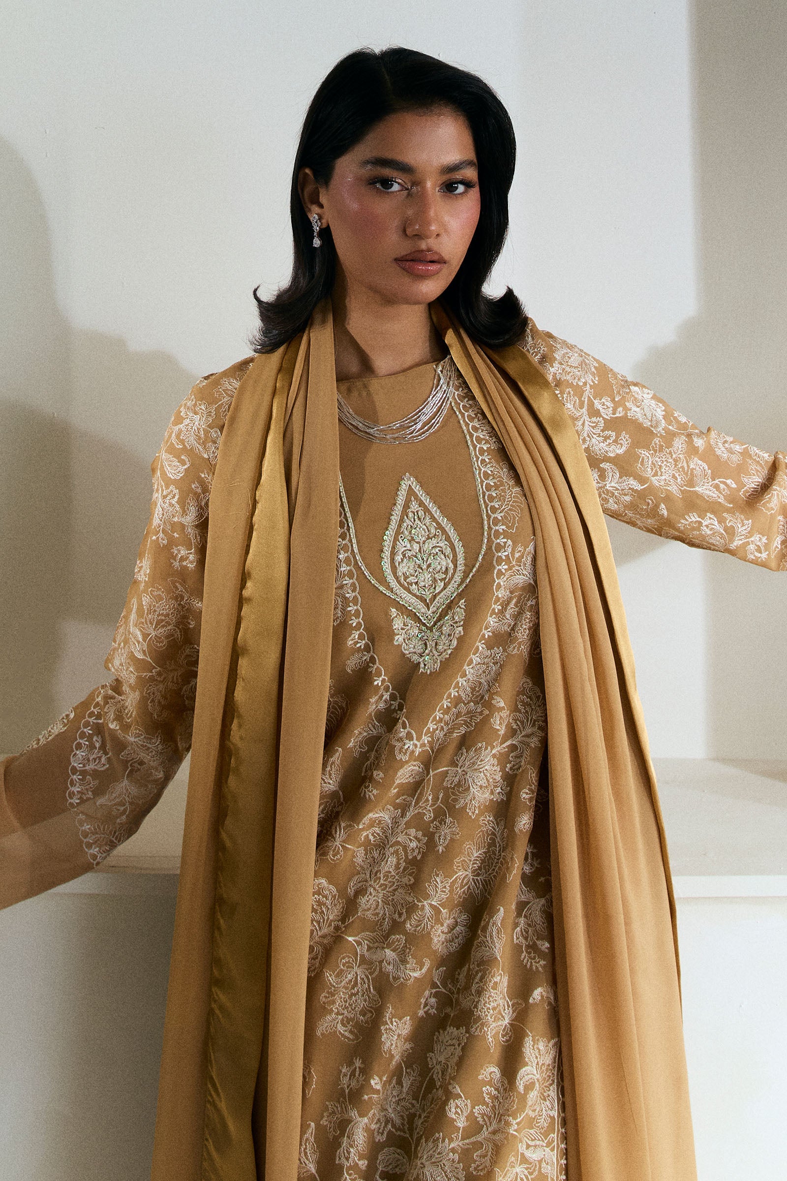 Ash Brown Embroidered Chiffon Georgette 3-Piece Suit - Image 3