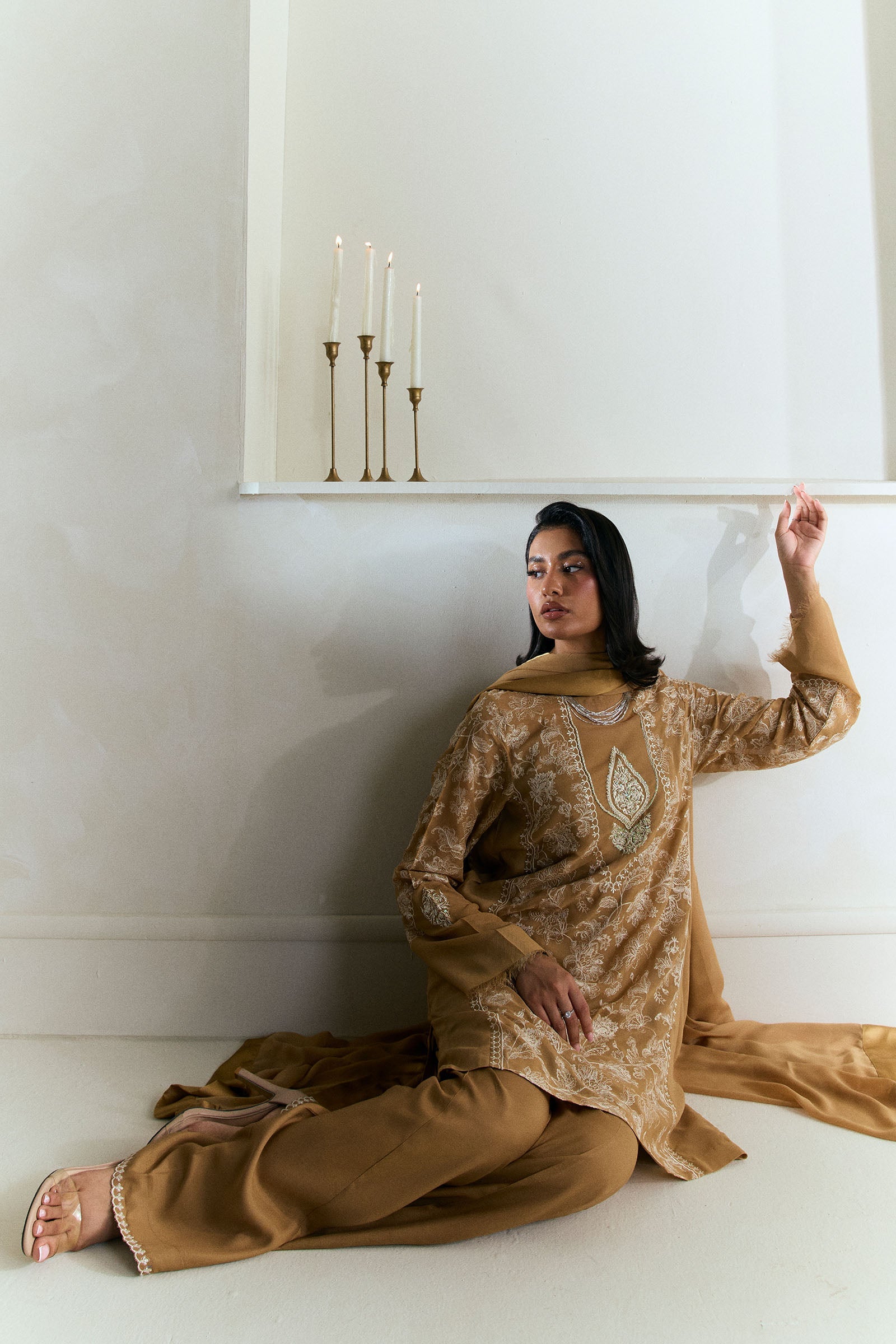 Ash Brown Embroidered Chiffon Georgette 3-Piece Suit - Image 4