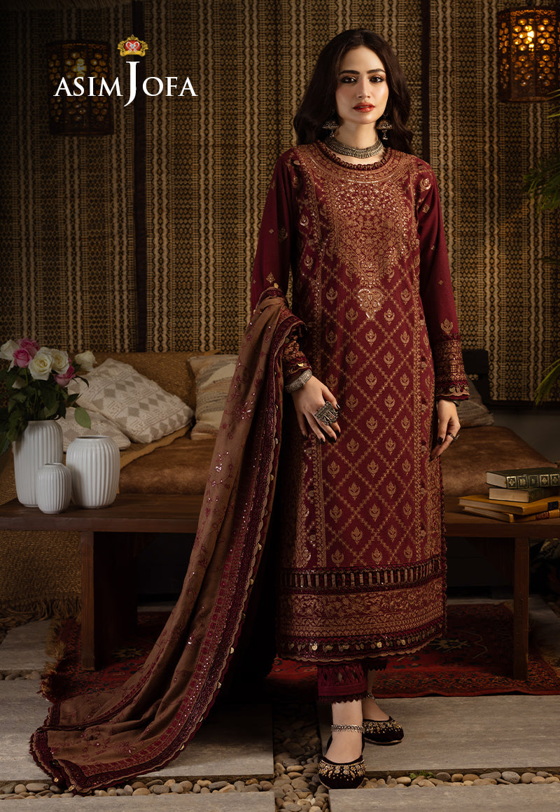 Pakistani Brown Embroidered Cotton Karandi & Slub Raw Silk Suit (3-Piece) - Image 1