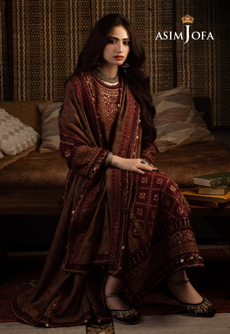 Pakistani Brown Embroidered Cotton Karandi & Slub Raw Silk Suit (3-Piece) - Image 2