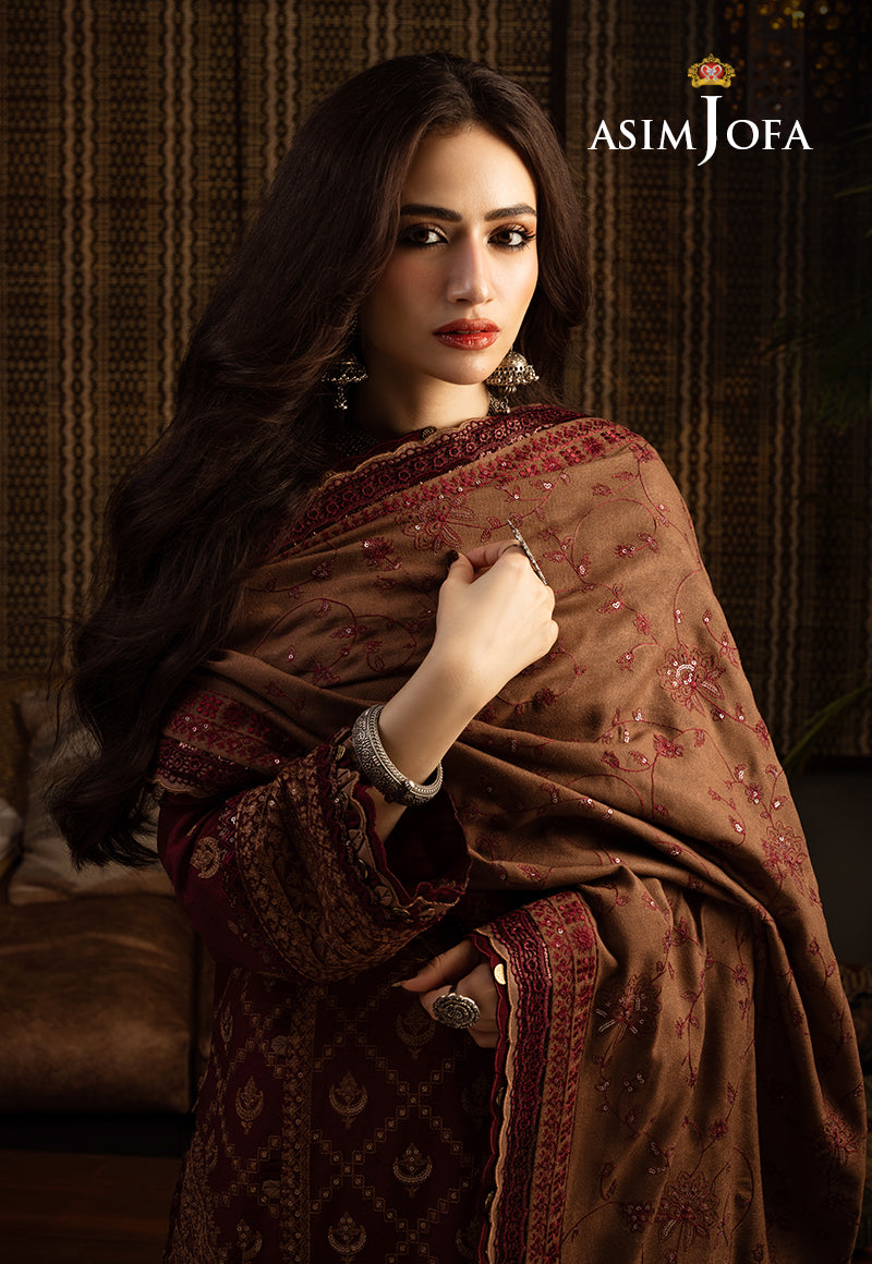 Pakistani Brown Embroidered Cotton Karandi & Slub Raw Silk Suit (3-Piece) - Image 3