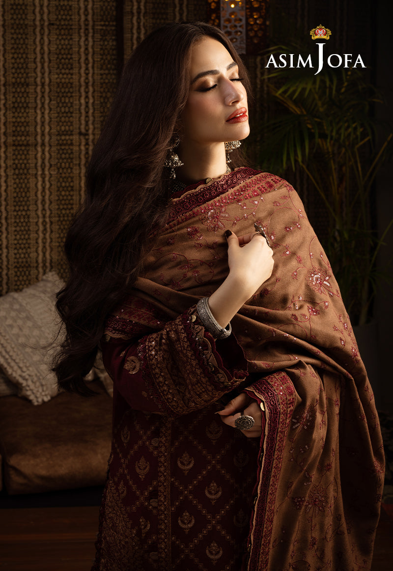 Pakistani Brown Embroidered Cotton Karandi & Slub Raw Silk Suit (3-Piece) - Image 4