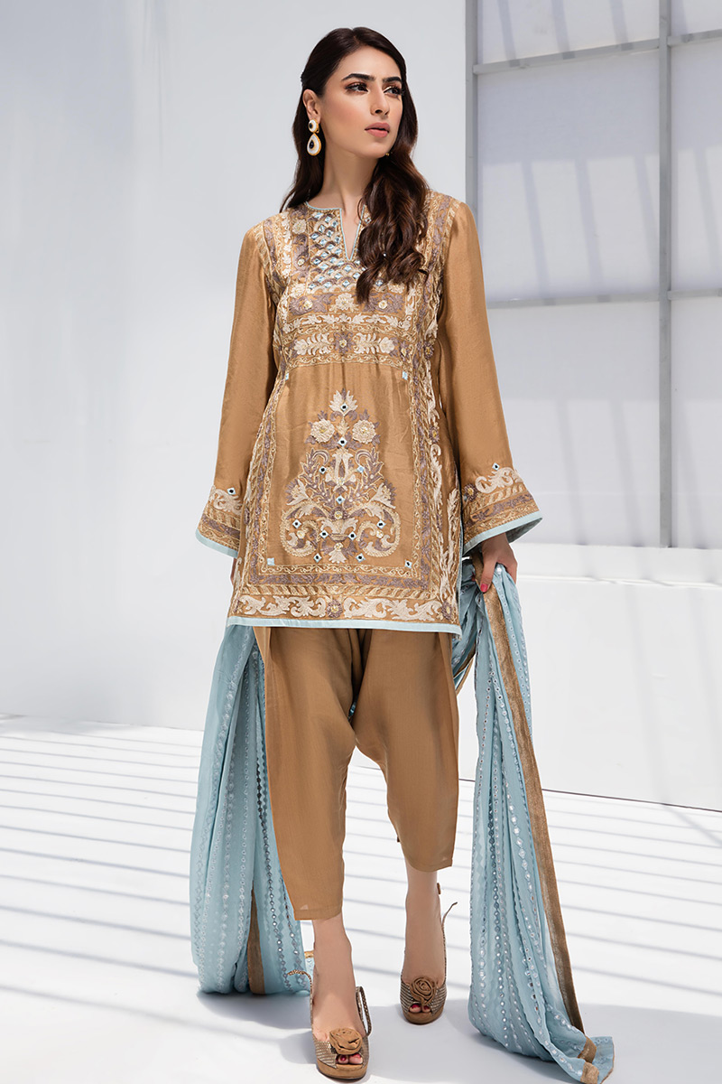 Toast Brown Embroidered Cotton Net Salwar Kameez (3-Piece) - Image 1