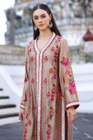 Sand Brown Embroidered Cotton Net Long Shirt (3-Piece) - Image 3