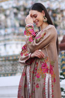 Sand Brown Embroidered Cotton Net Long Shirt (3-Piece) - Image 7