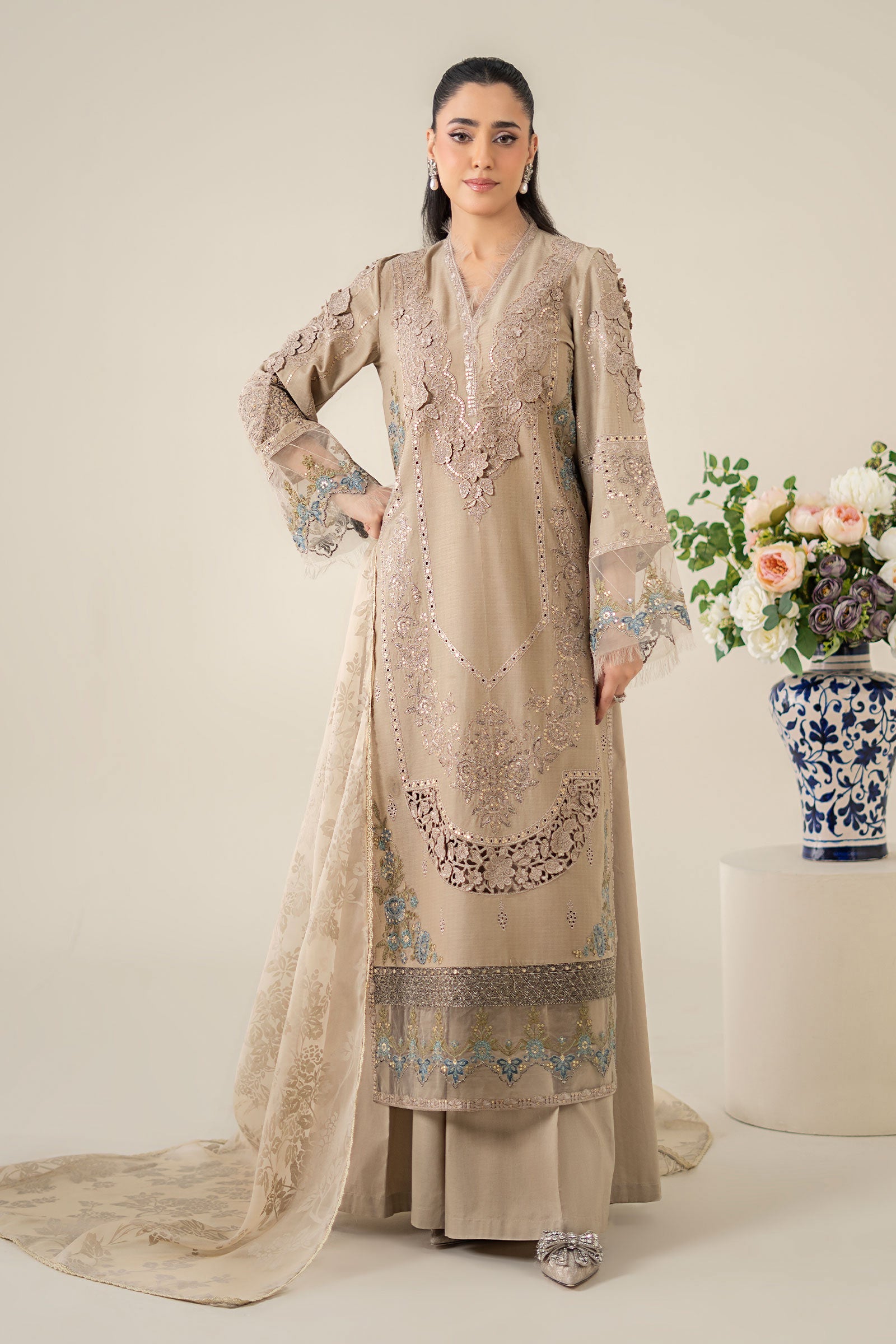 Pakistani Coffee Embroidered Dobby 3-Piece Suit - Image 1