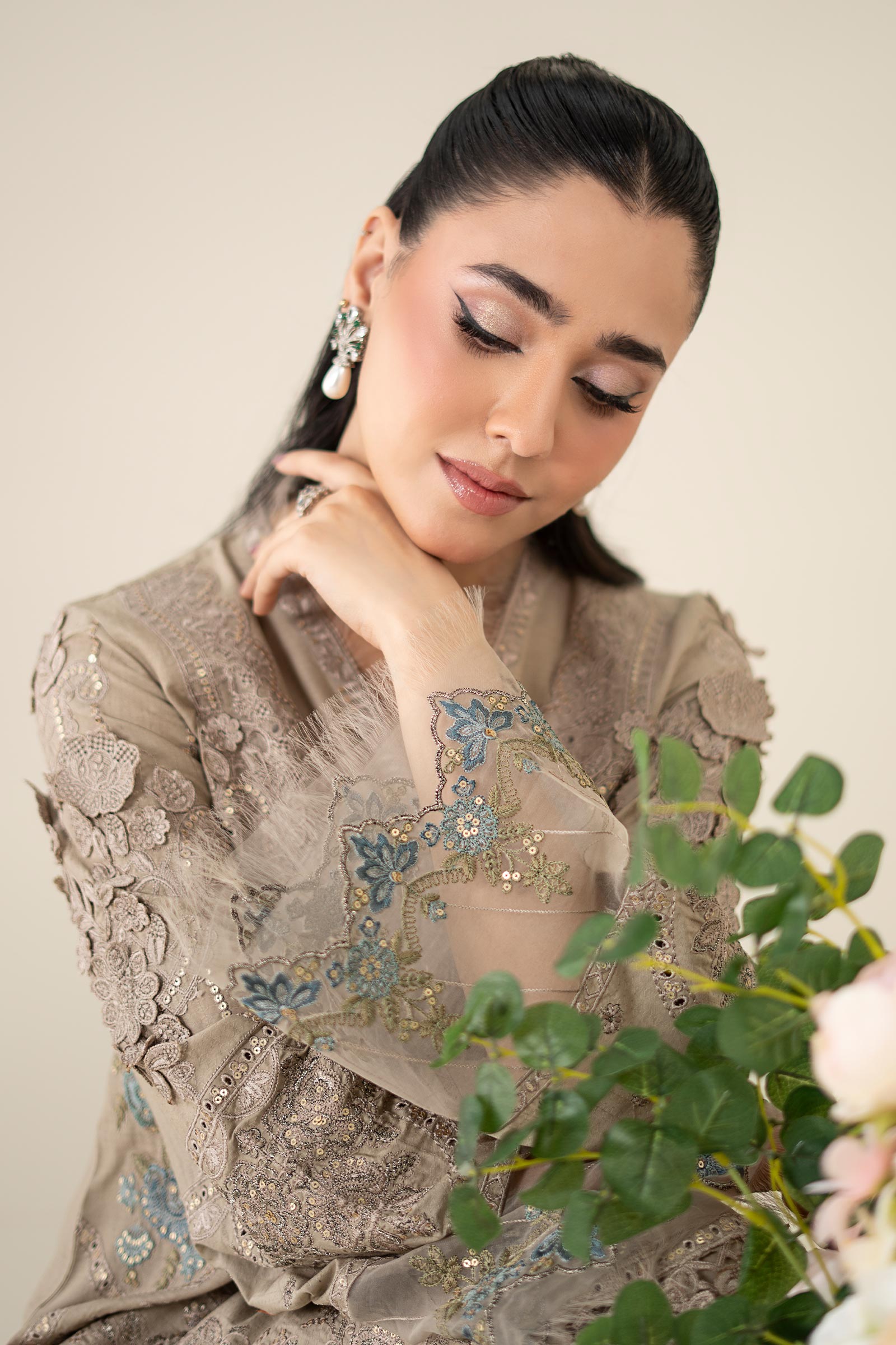 Pakistani Coffee Embroidered Dobby 3-Piece Suit - Image 2