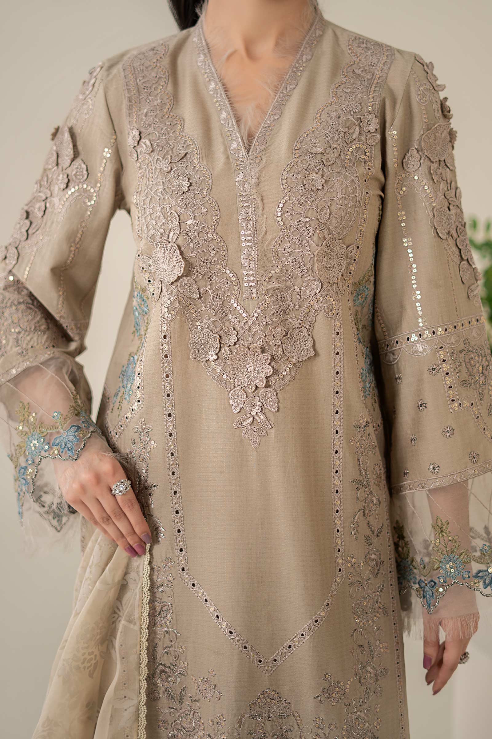 Pakistani Coffee Embroidered Dobby 3-Piece Suit - Image 3
