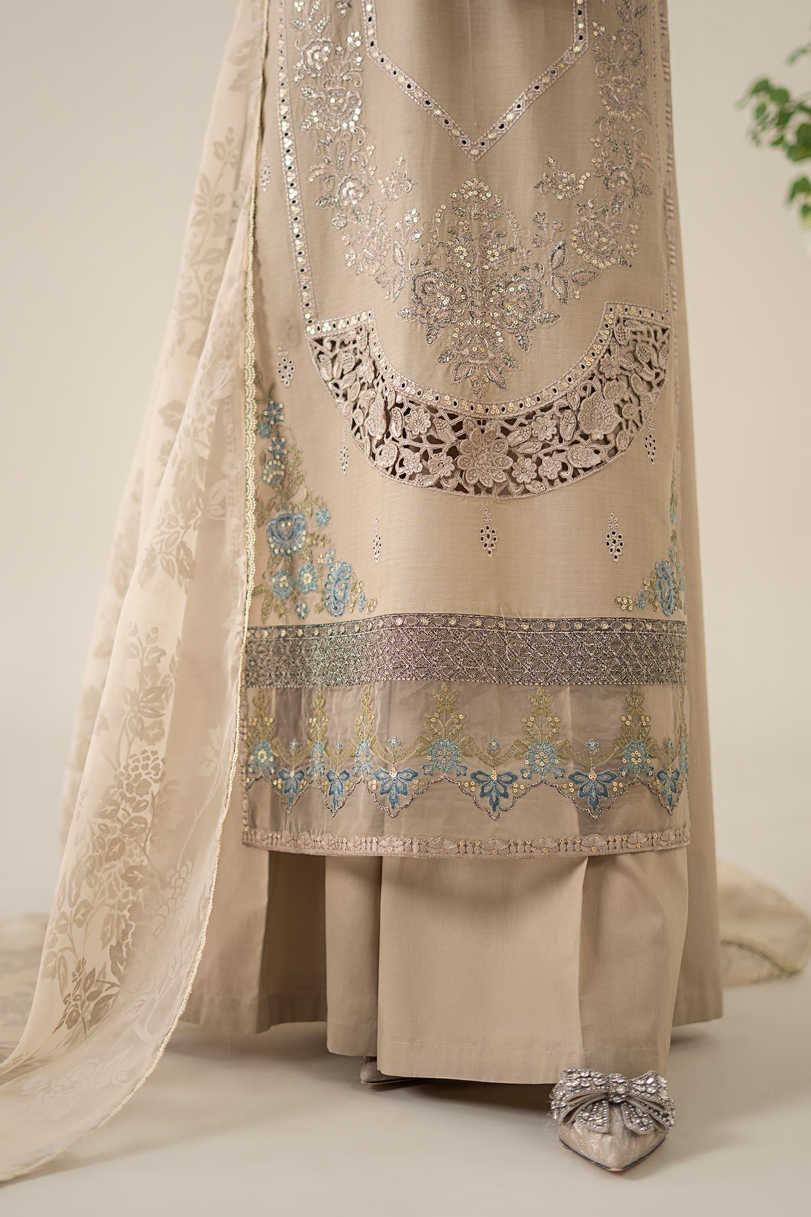 Pakistani Coffee Embroidered Dobby 3-Piece Suit - Image 4