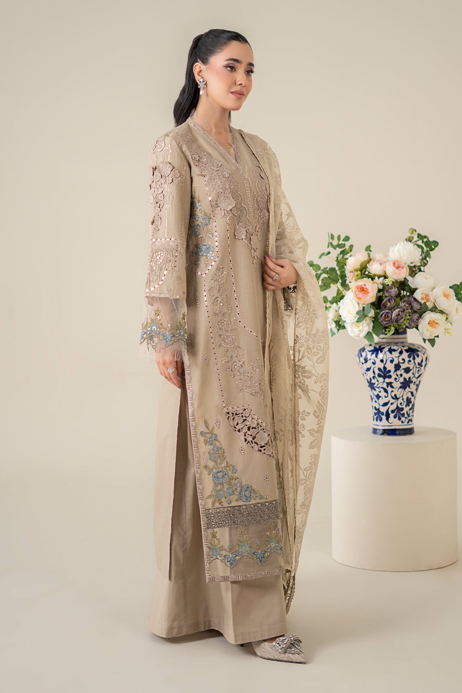 Pakistani Coffee Embroidered Dobby 3-Piece Suit - Image 6