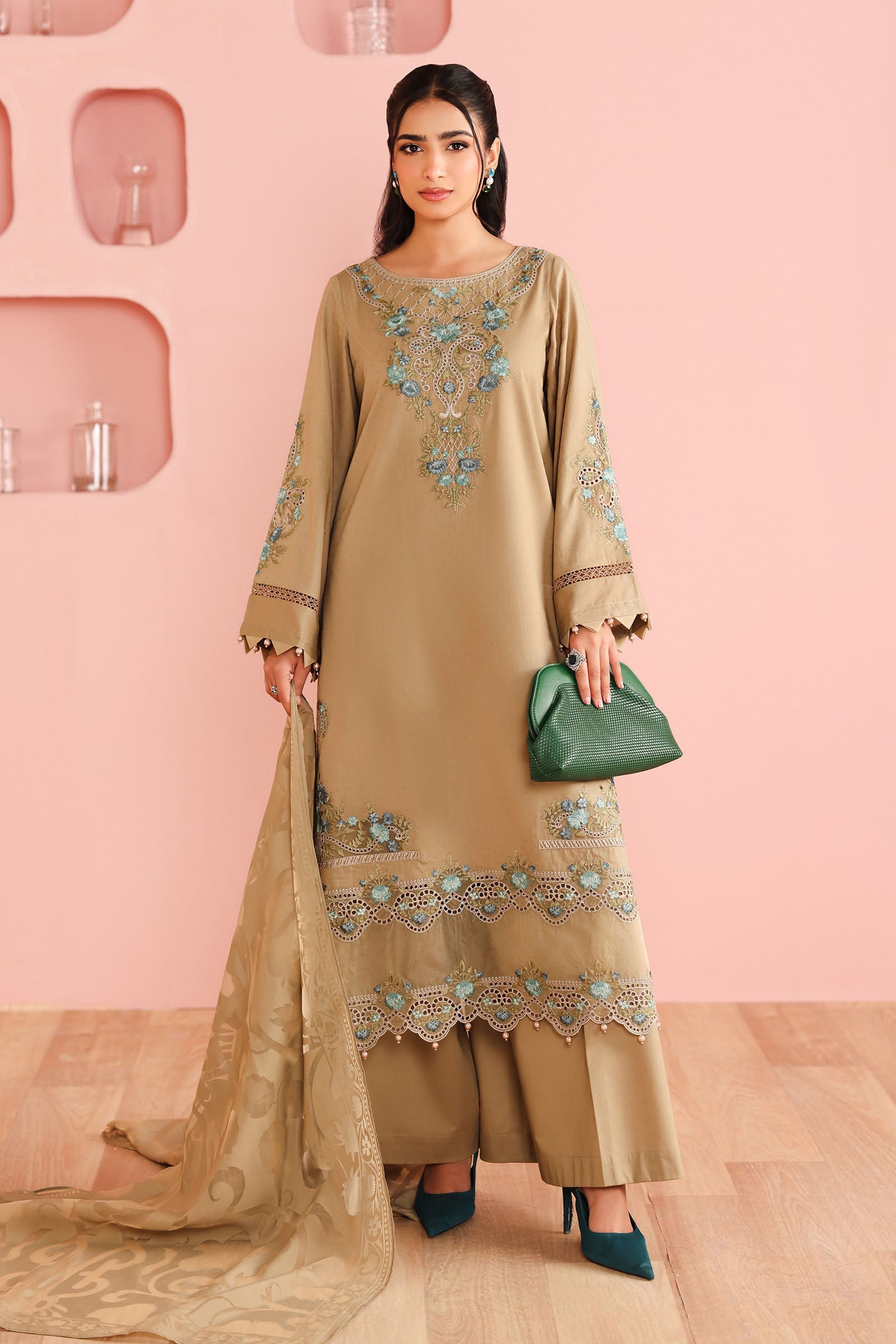 Pakistani Coffee Embroidered Dobby Salwar Kameez (3-Piece) - Image 1