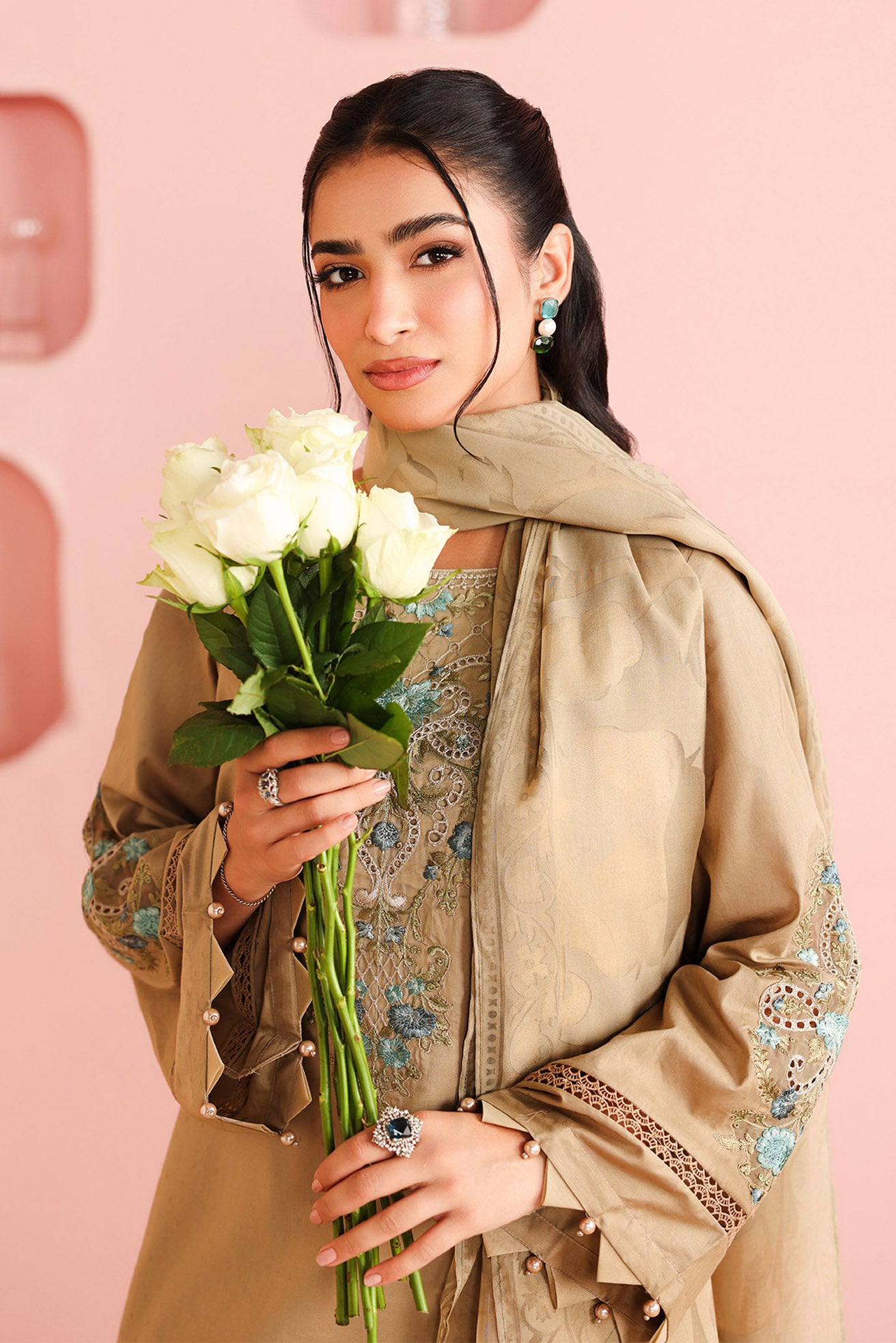 Pakistani Coffee Embroidered Dobby Salwar Kameez (3-Piece) - Image 3