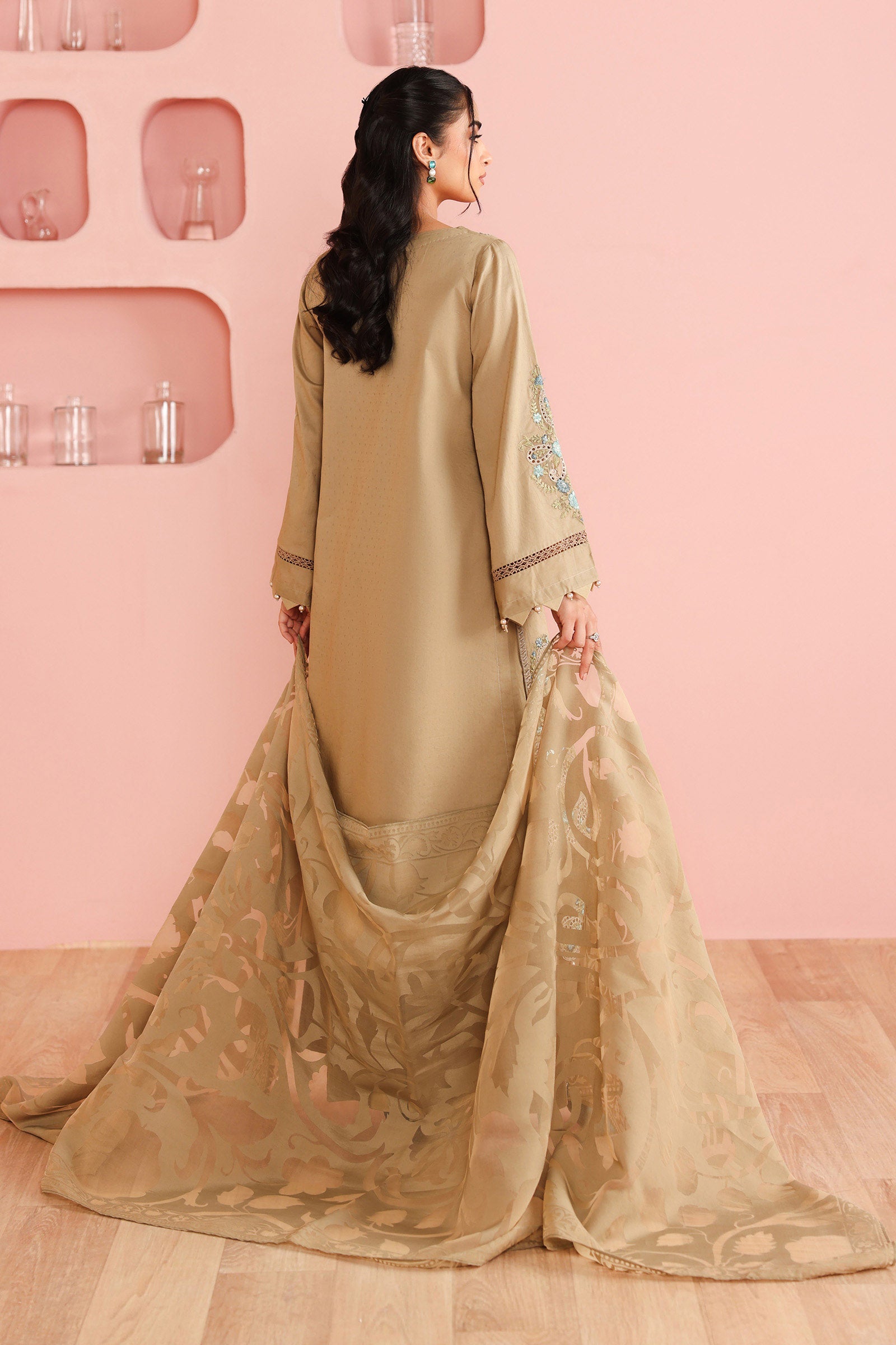 Pakistani Coffee Embroidered Dobby Salwar Kameez (3-Piece) - Image 6