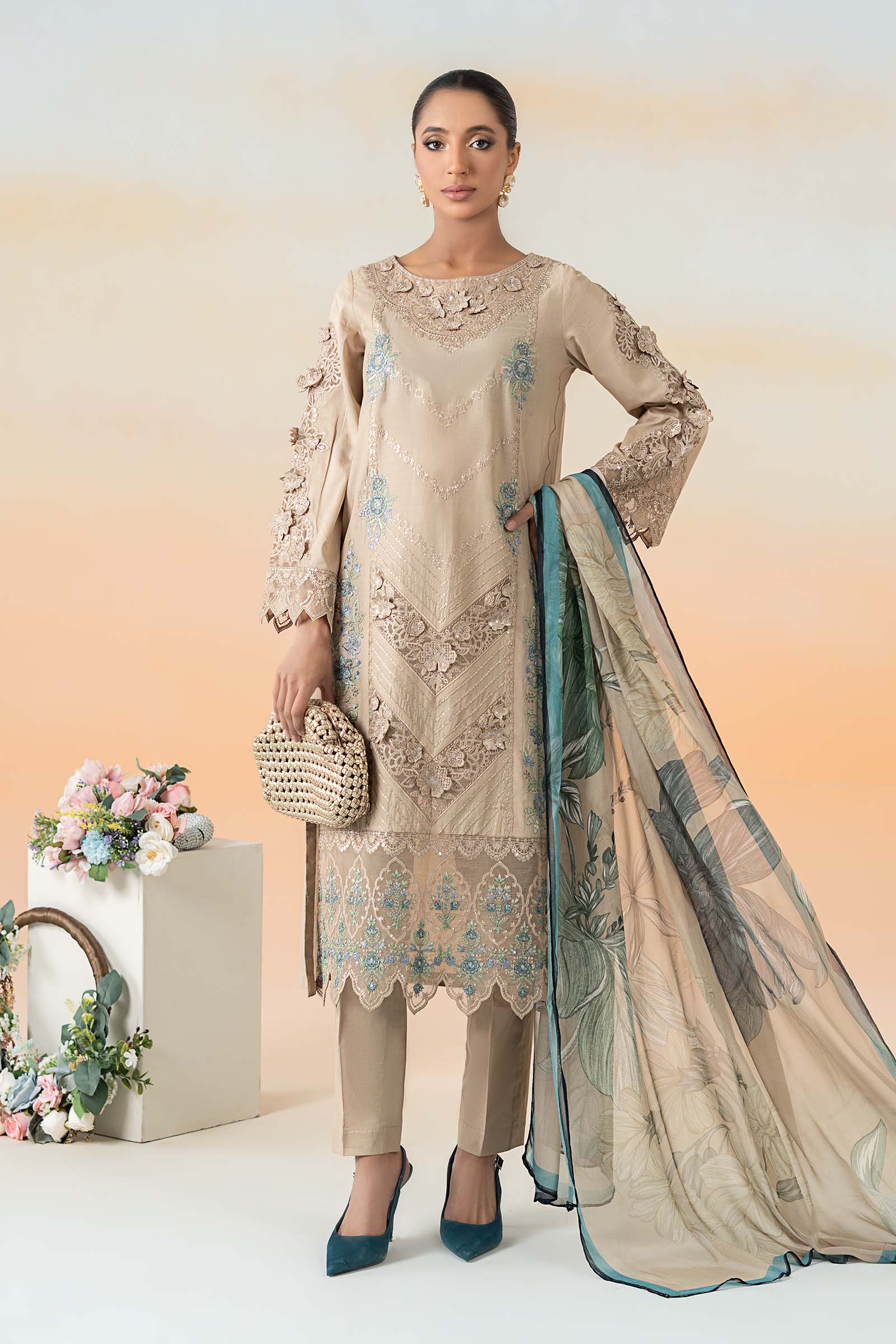 Pakistani Coffee Embroidered Dobby Lawn 3-Piece Suit - Image 1