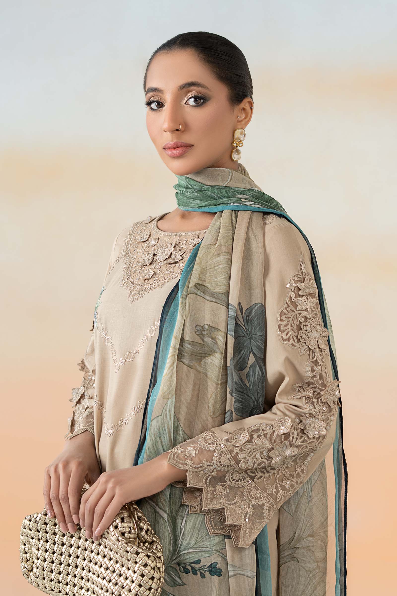 Pakistani Coffee Embroidered Dobby Lawn 3-Piece Suit - Image 2