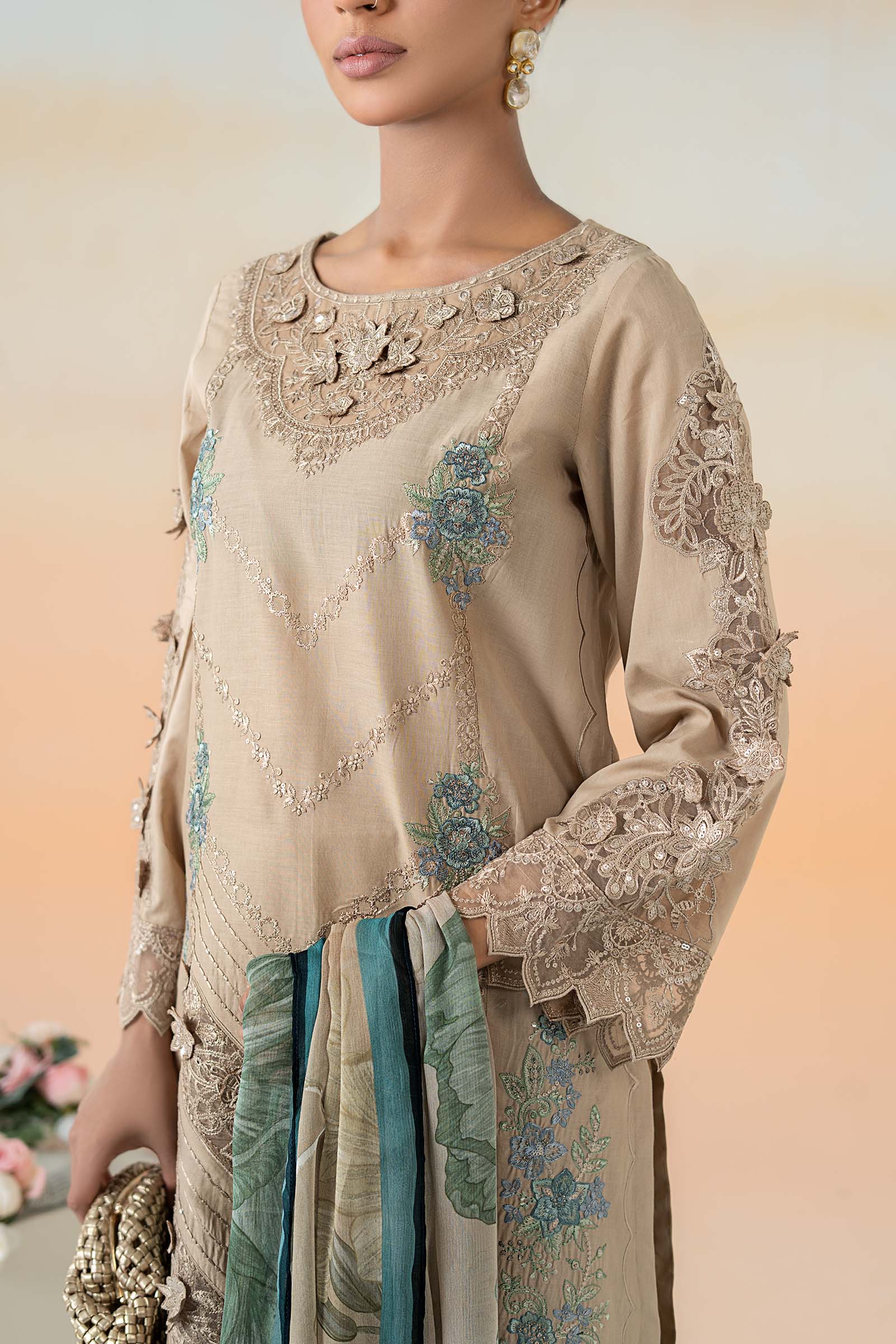 Pakistani Coffee Embroidered Dobby Lawn 3-Piece Suit - Image 4