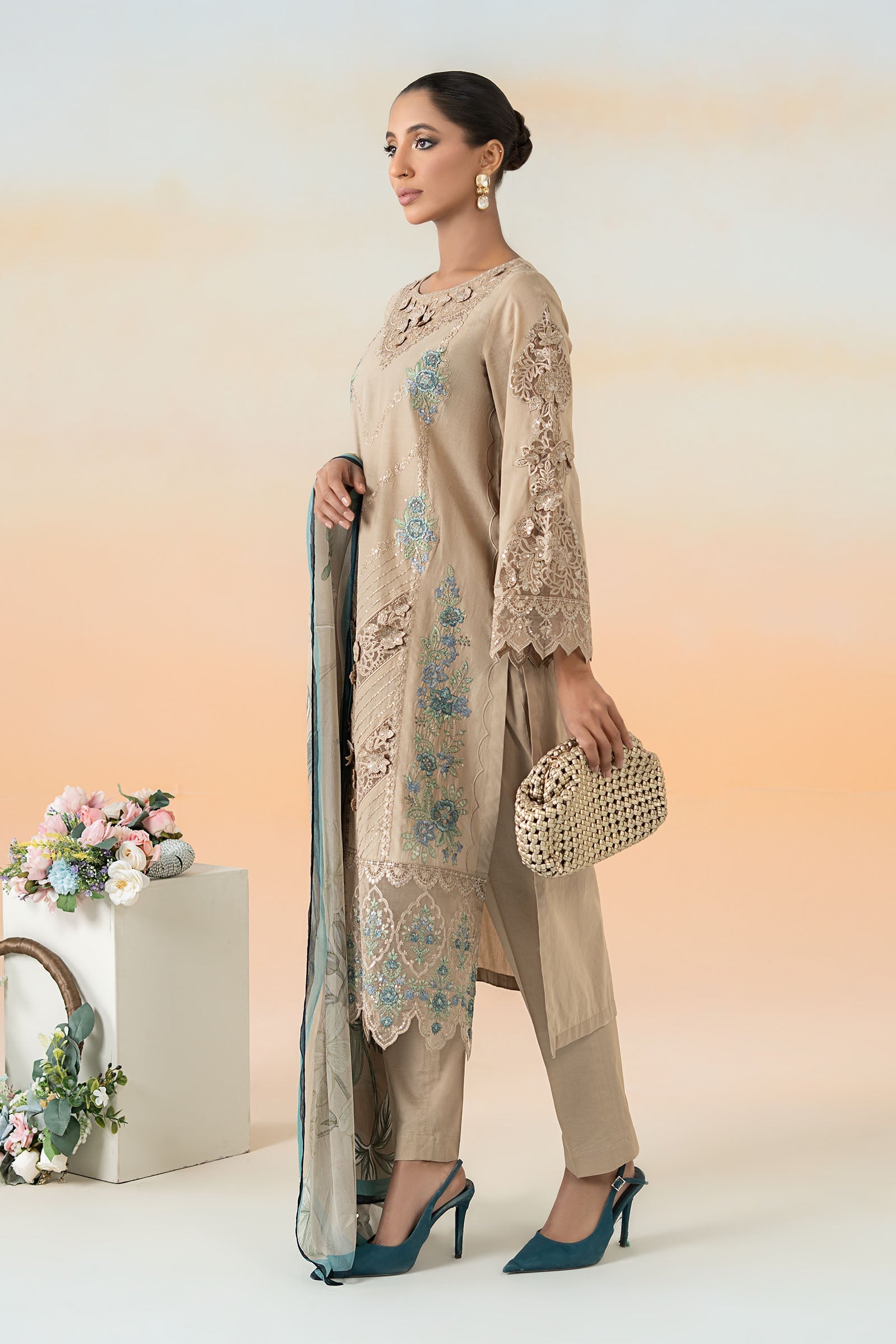 Pakistani Coffee Embroidered Dobby Lawn 3-Piece Suit - Image 5