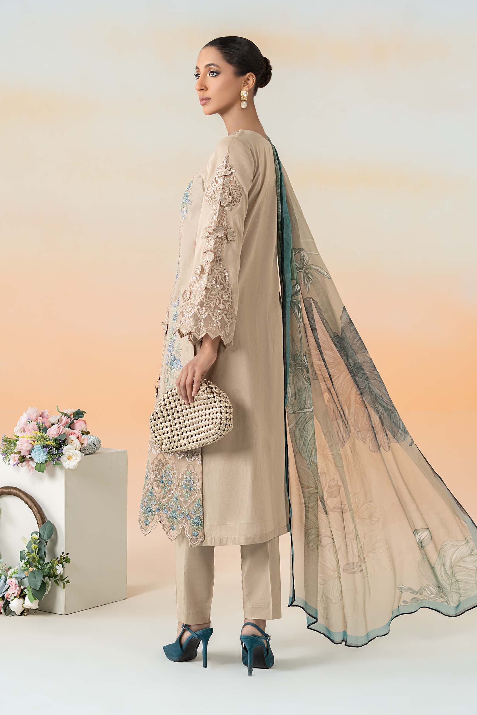 Pakistani Coffee Embroidered Dobby Lawn 3-Piece Suit - Image 6