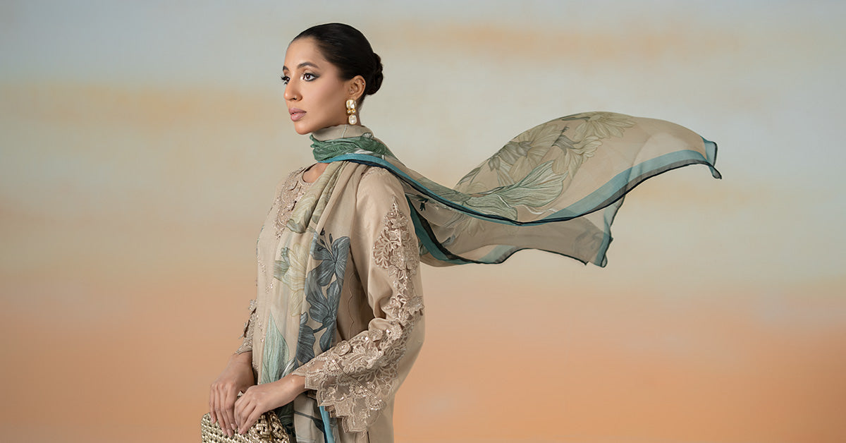 Pakistani Coffee Embroidered Dobby Lawn 3-Piece Suit - Image 7