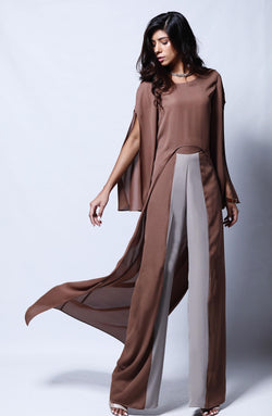 Pakistani Brown Georgette Chiffon Tunic with Taupe Trousers (2-Piece) - Image 1