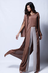 Pakistani Brown Georgette Chiffon Tunic with Taupe Trousers (2-Piece) - Image 2