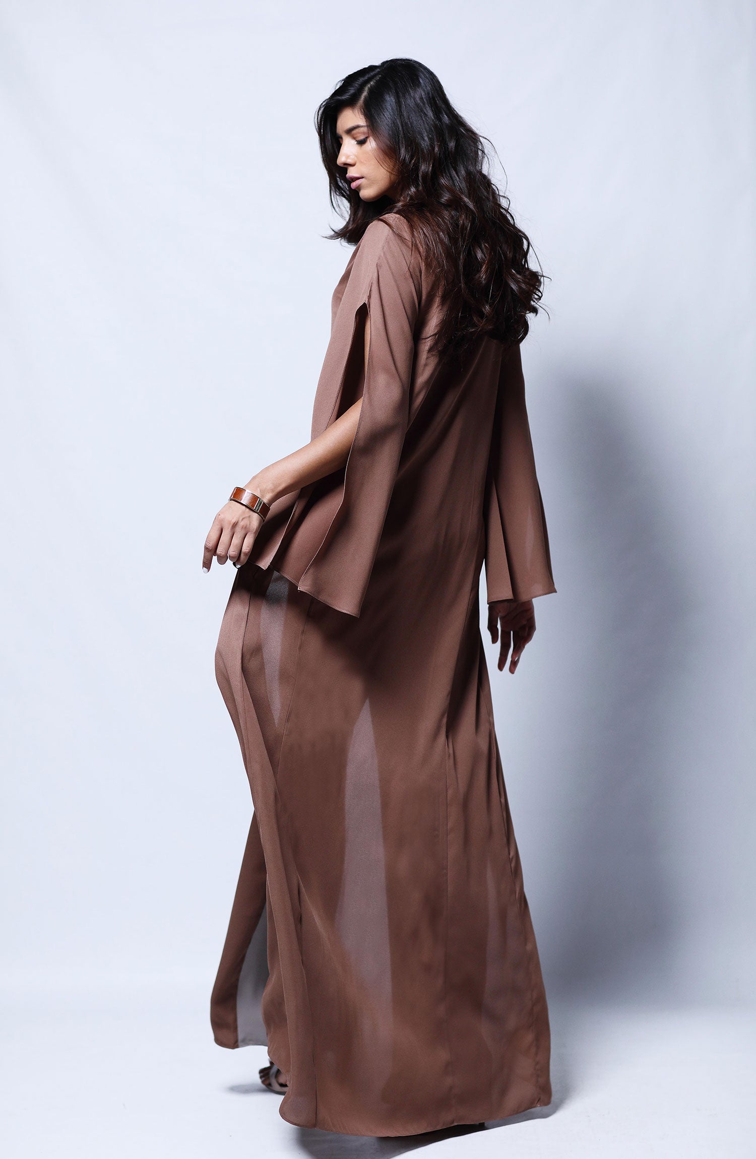 Pakistani Brown Georgette Chiffon Tunic with Taupe Trousers (2-Piece) - Image 3