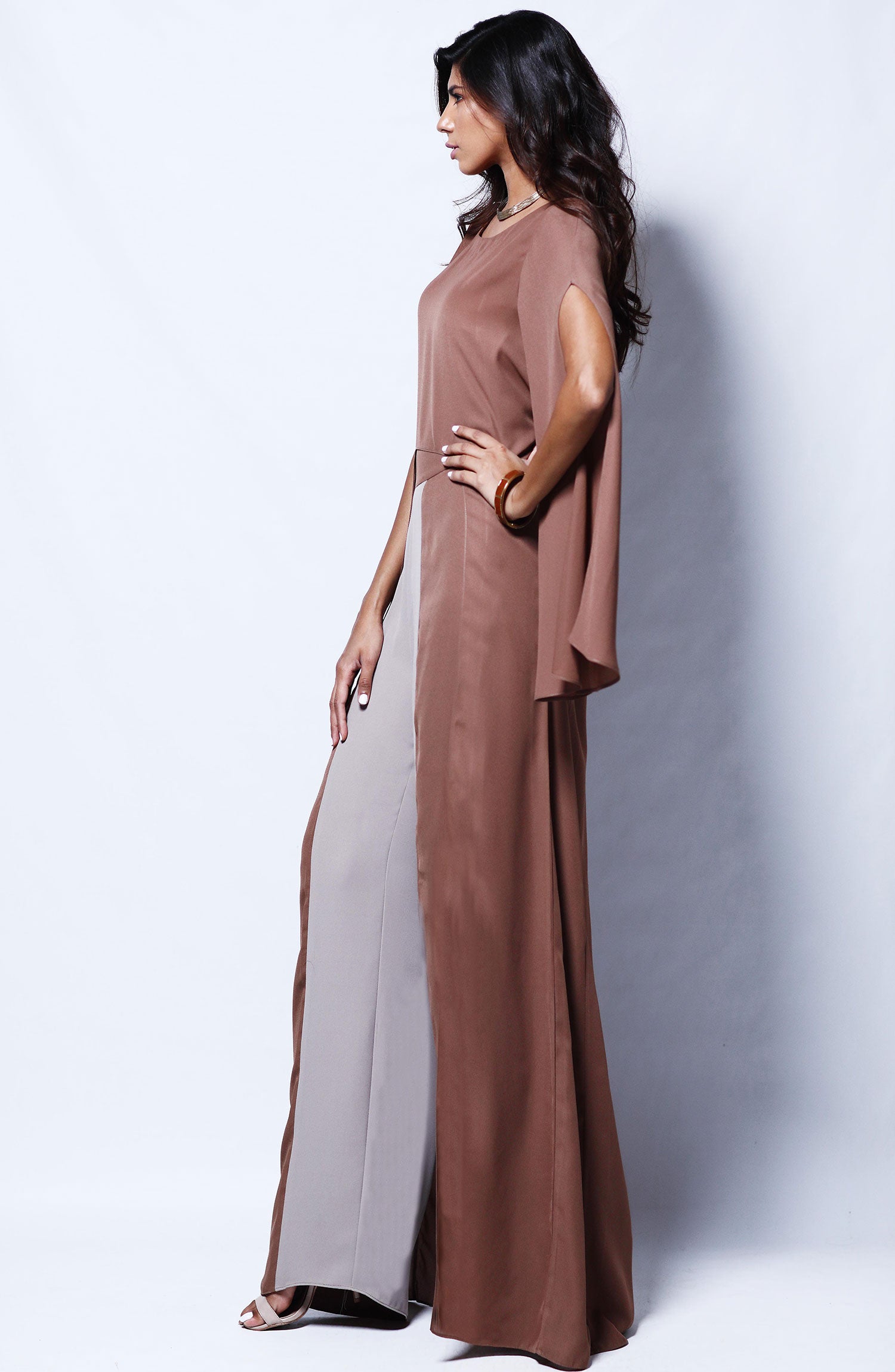 Pakistani Brown Georgette Chiffon Tunic with Taupe Trousers (2-Piece) - Image 5