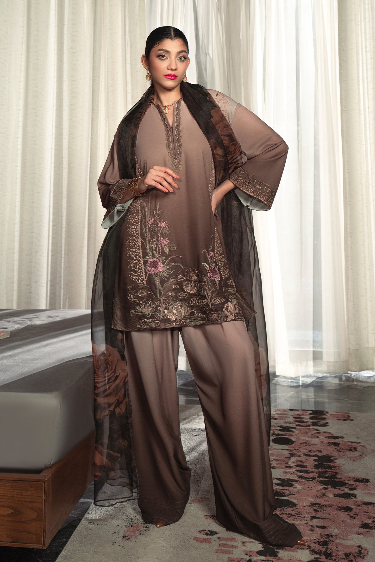 Mocha Ombré Embroidered Grip Silk Salwar Kameez (3-Piece) - Image 1
