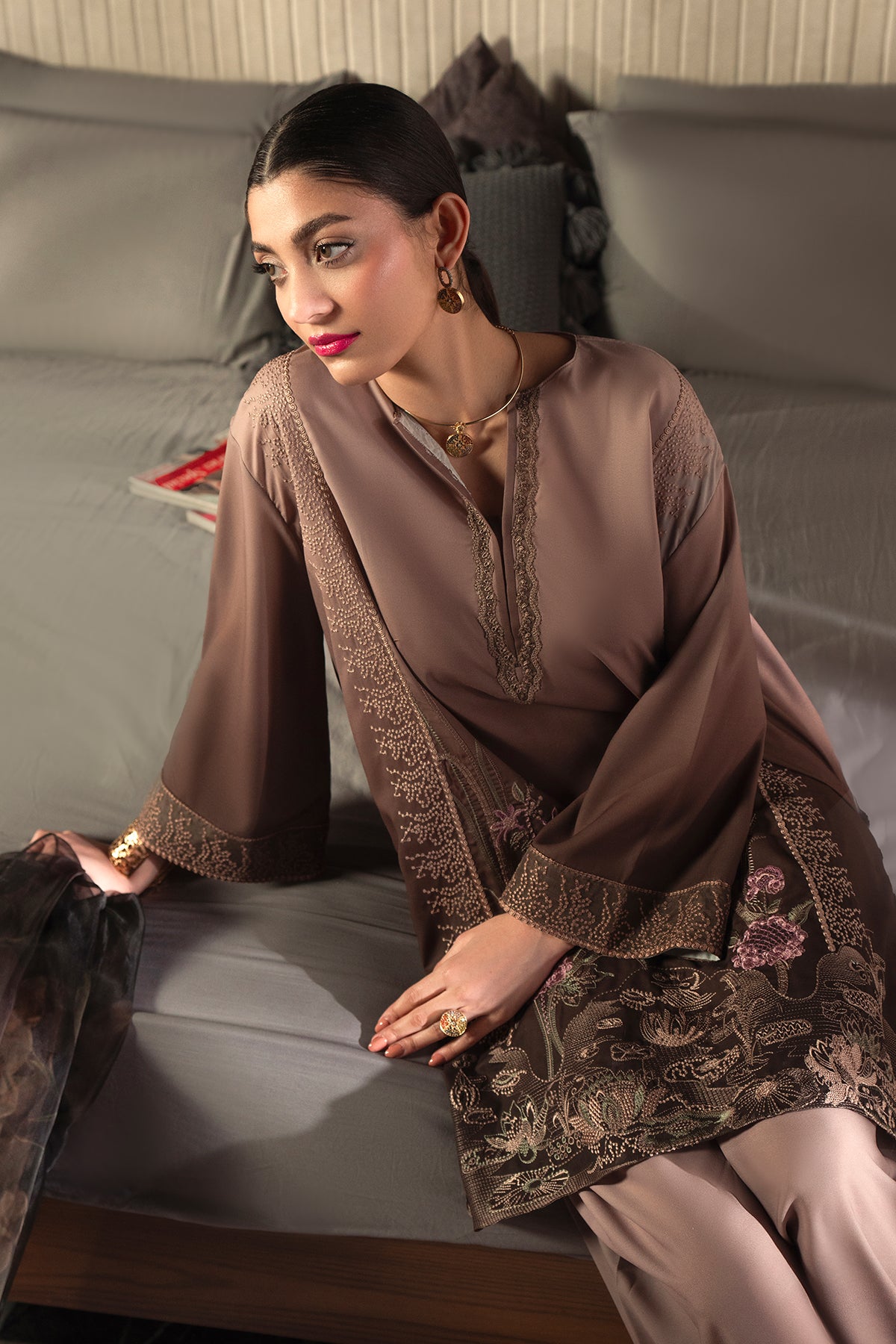 Mocha Ombré Embroidered Grip Silk Salwar Kameez (3-Piece) - Image 2
