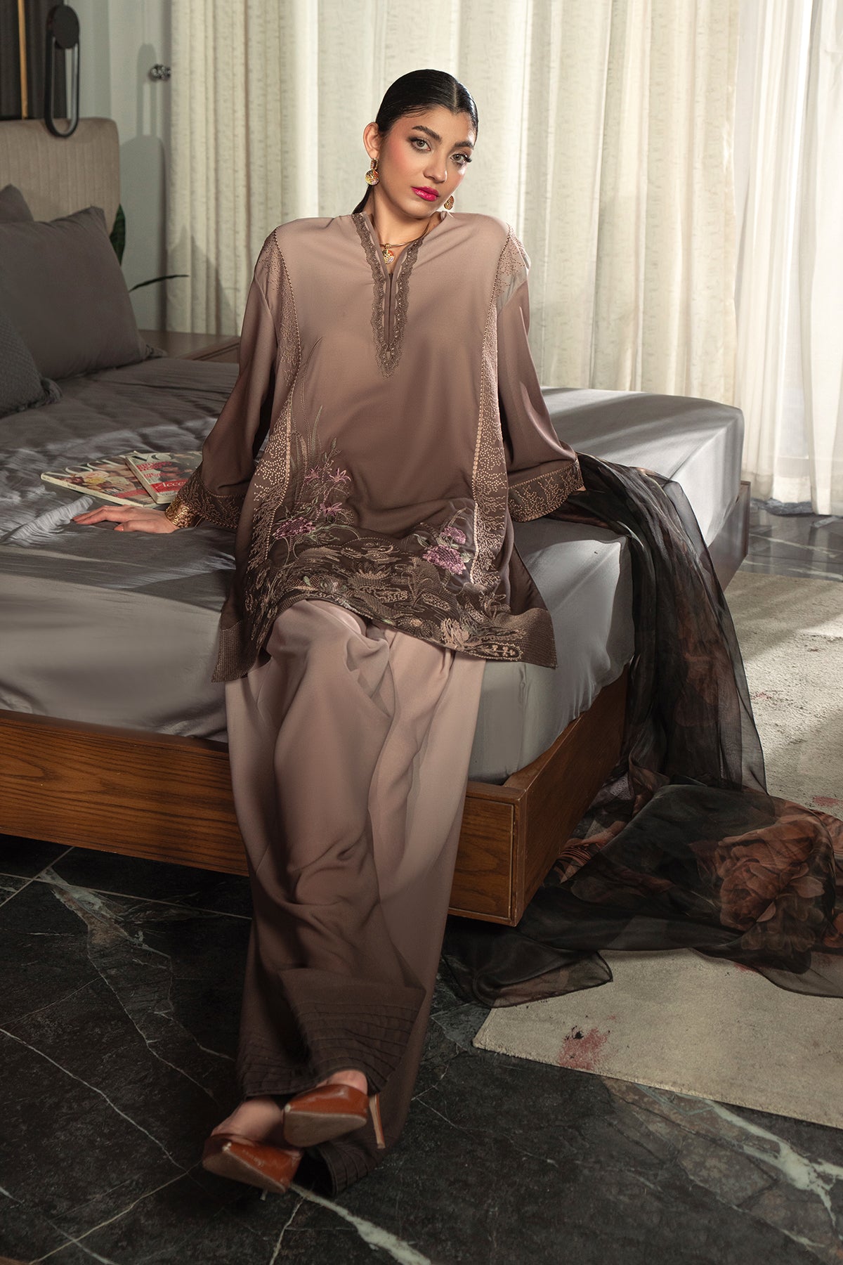 Mocha Ombré Embroidered Grip Silk Salwar Kameez (3-Piece) - Image 3