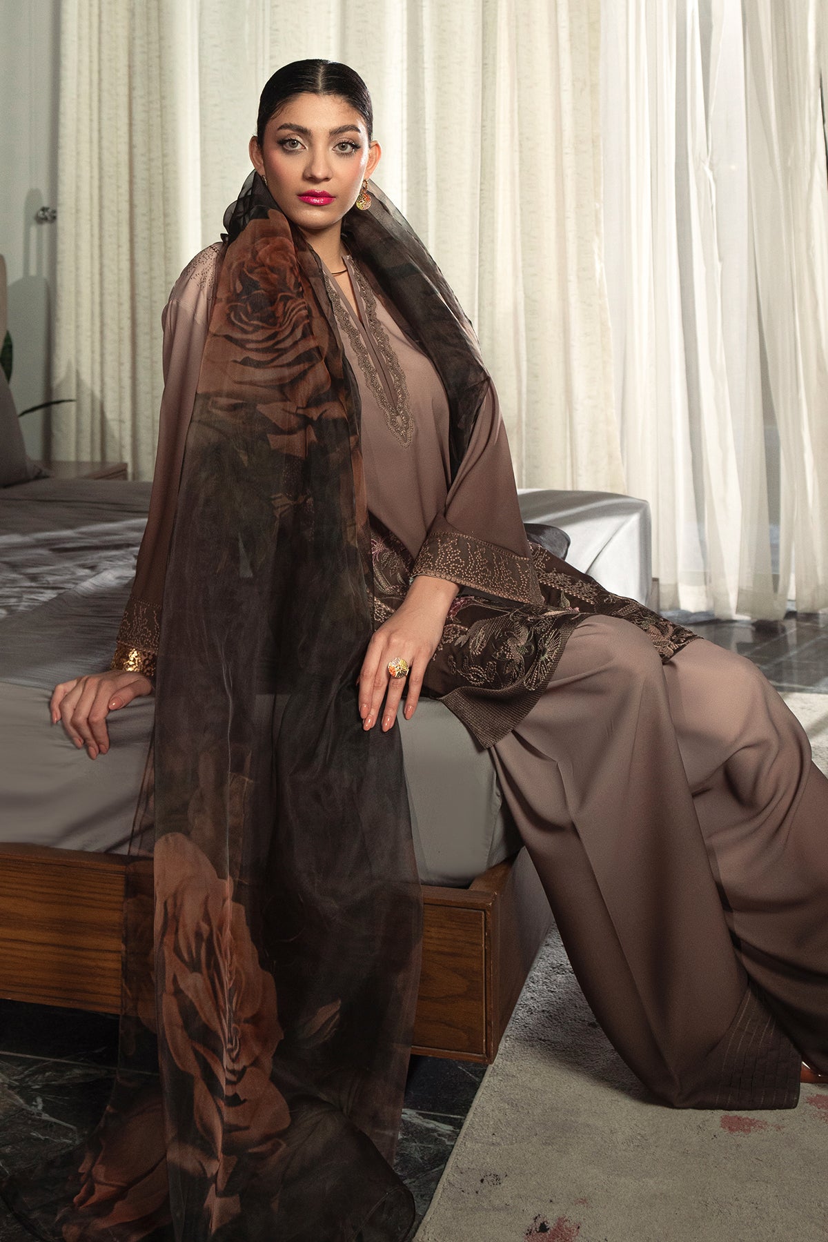Mocha Ombré Embroidered Grip Silk Salwar Kameez (3-Piece) - Image 6