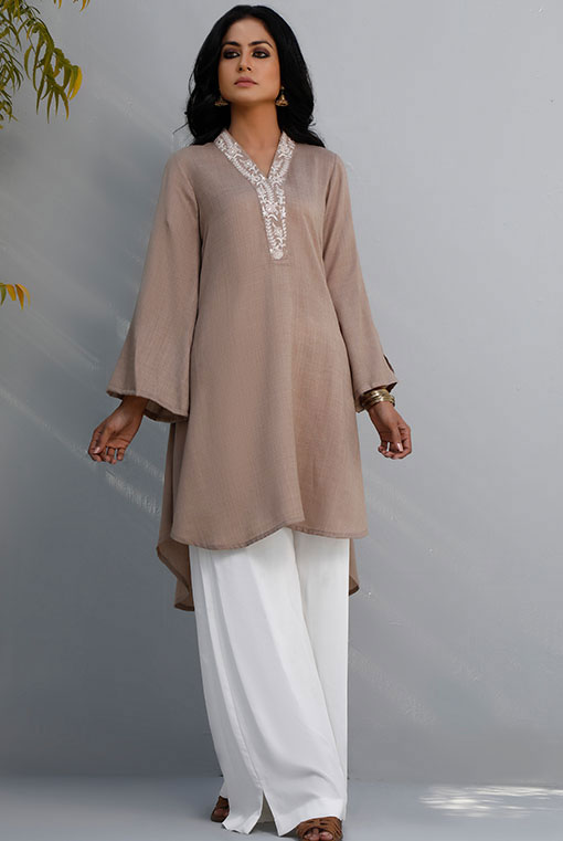 Hazel Brown Resham Kamdani Handwoven Tunic (2-Piece) - Image 1