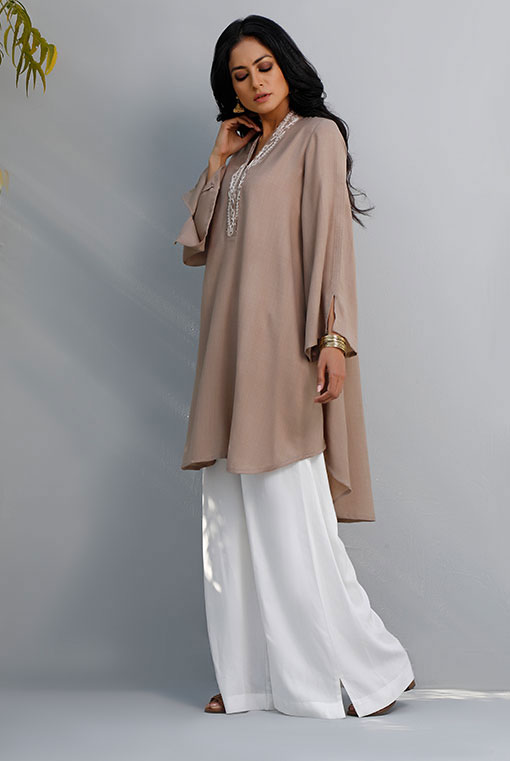 Hazel Brown Resham Kamdani Handwoven Tunic (2-Piece) - Image 2