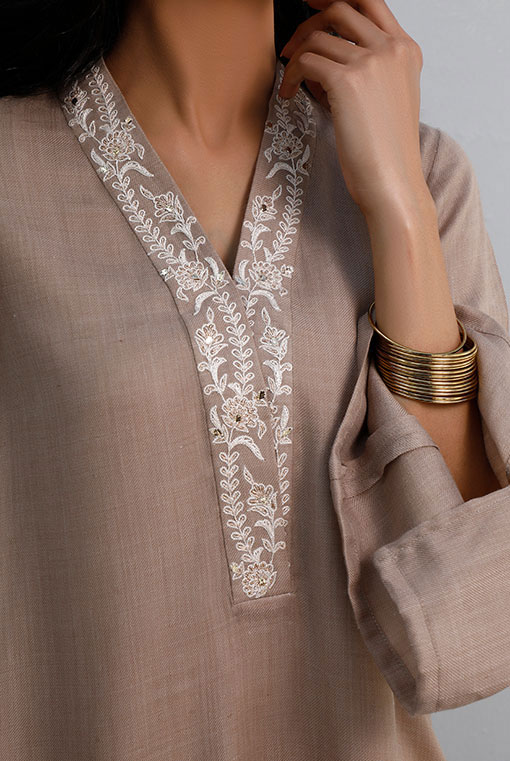 Hazel Brown Resham Kamdani Handwoven Tunic (2-Piece) - Image 4