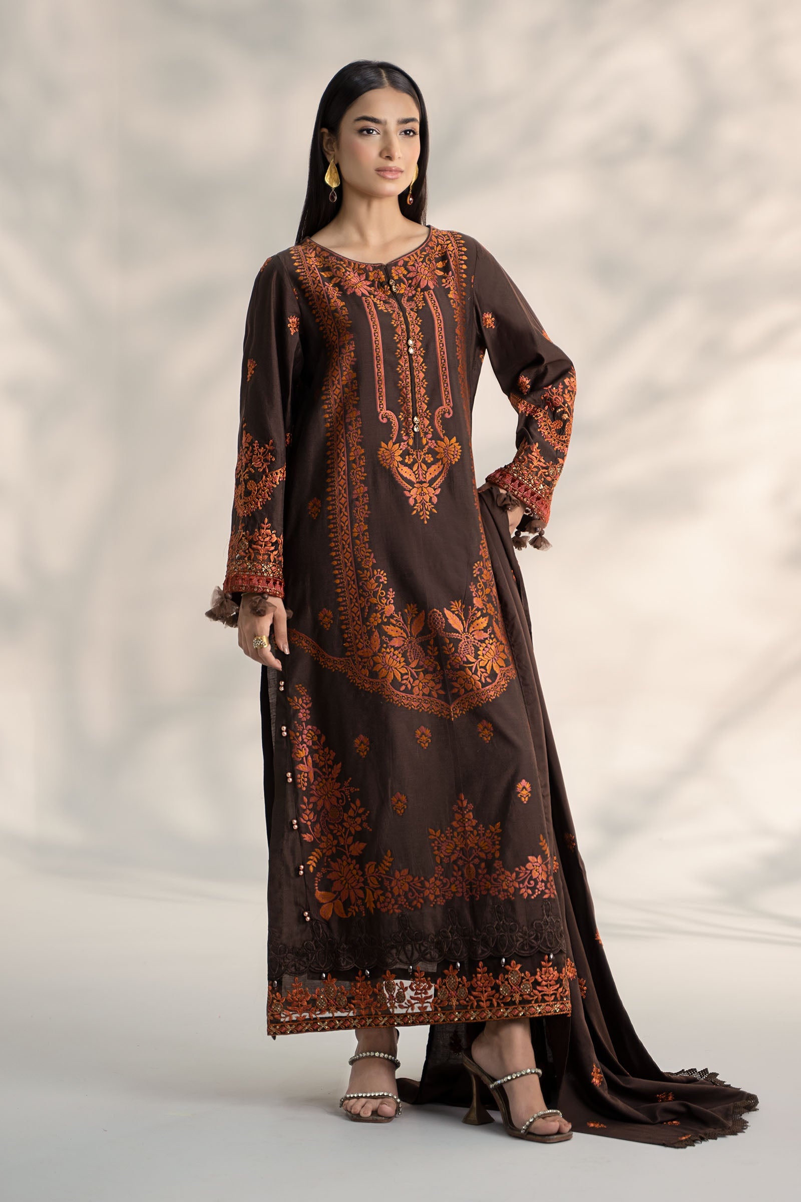 Pakistani Brown Embroidered Jacquard & Linen 3-Piece Suit - Image 1