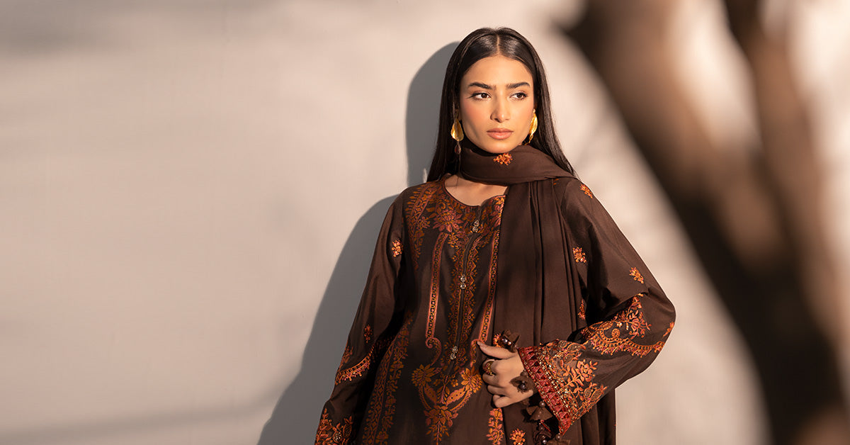 Pakistani Brown Embroidered Jacquard & Linen 3-Piece Suit - Image 6