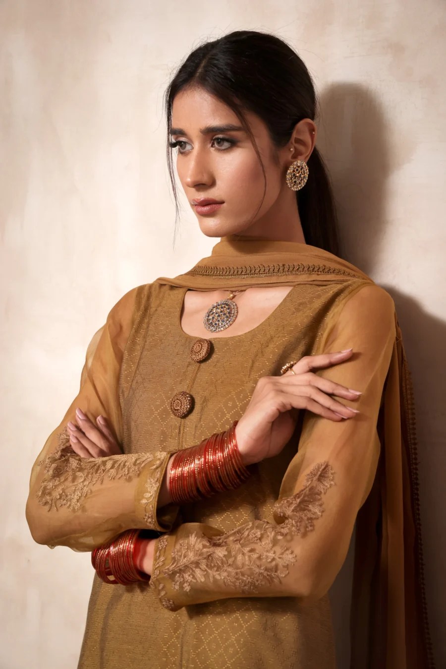 Pakistani Caramel-Brown Embroidered Jacquard & Raw Silk 3-Piece Dress - Image 1