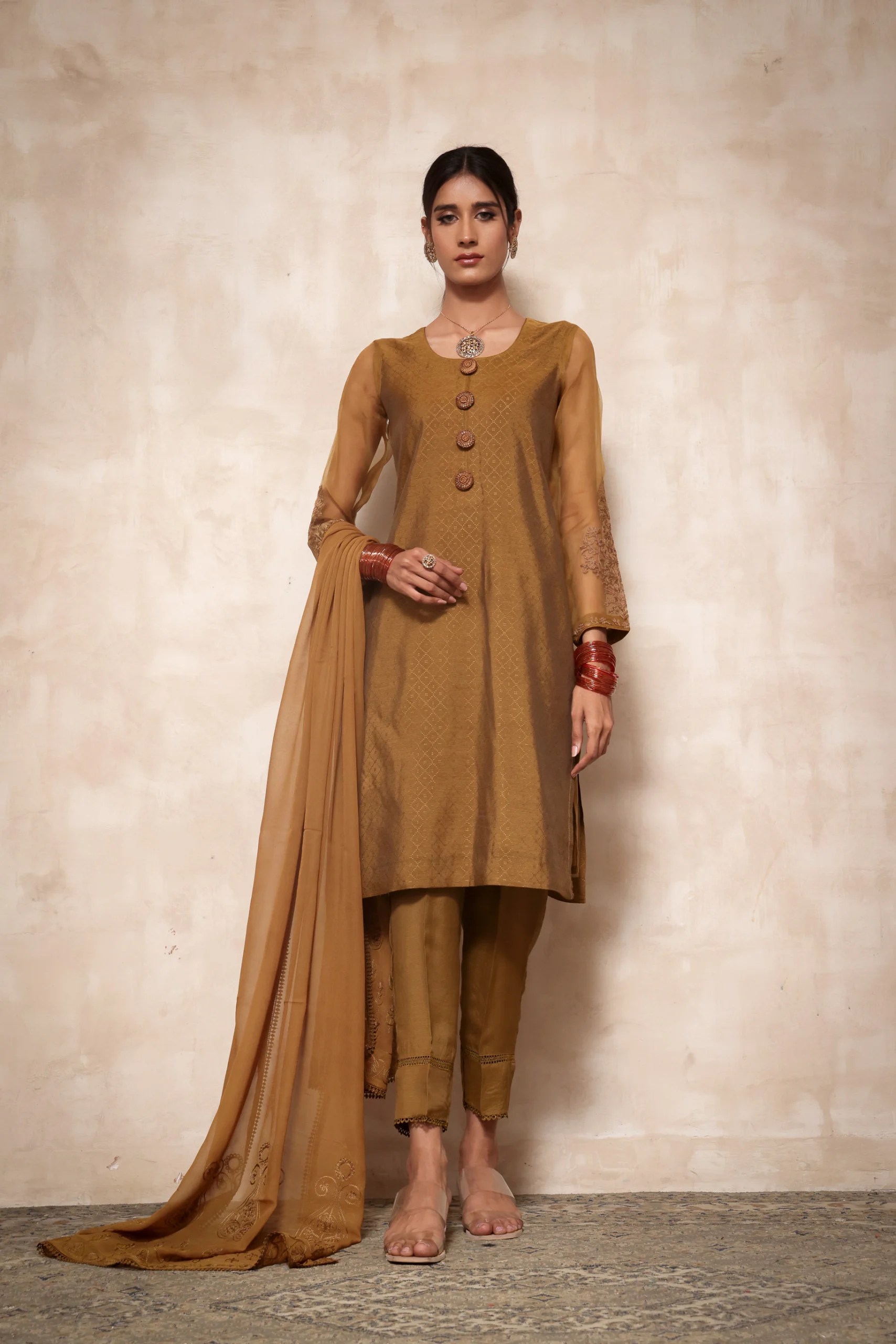 Pakistani Caramel-Brown Embroidered Jacquard & Raw Silk 3-Piece Dress - Image 2