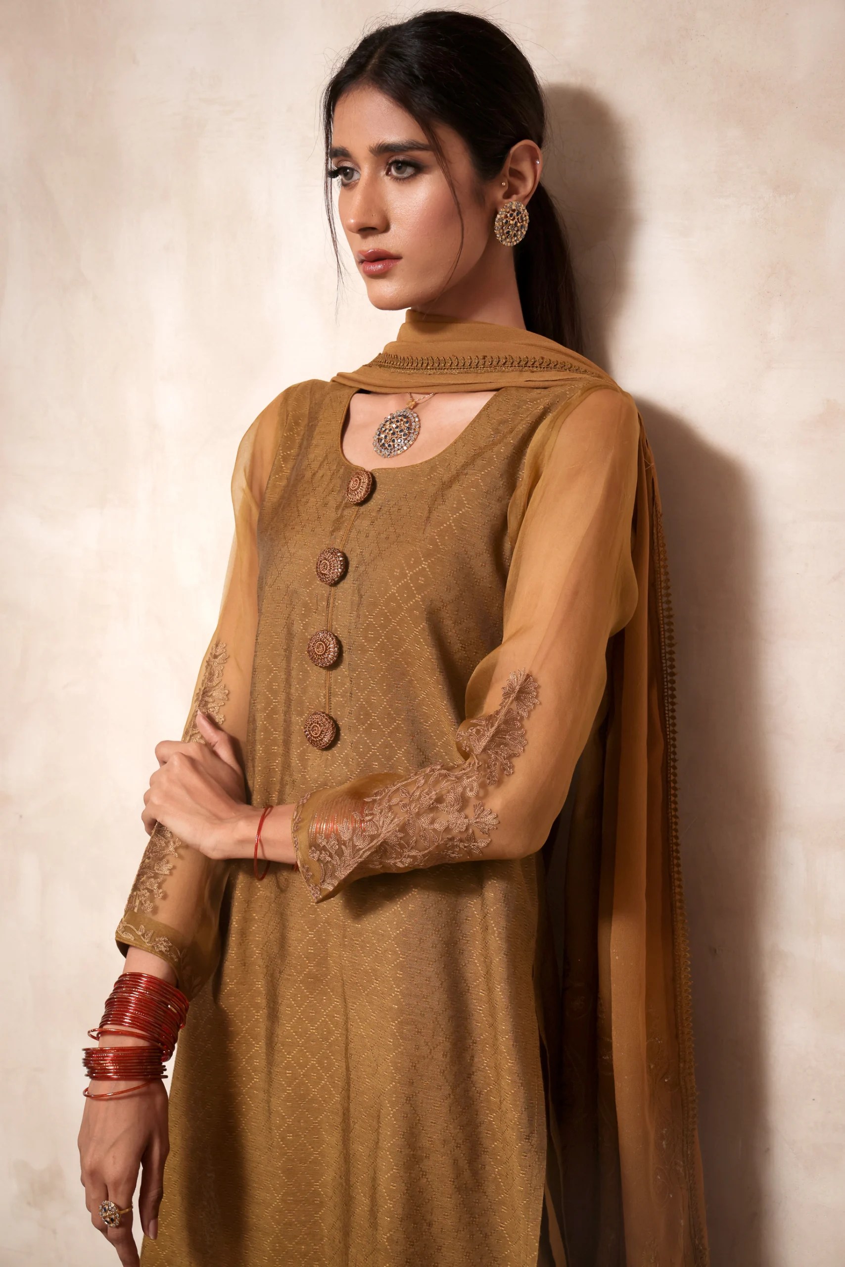 Pakistani Caramel-Brown Embroidered Jacquard & Raw Silk 3-Piece Dress - Image 3