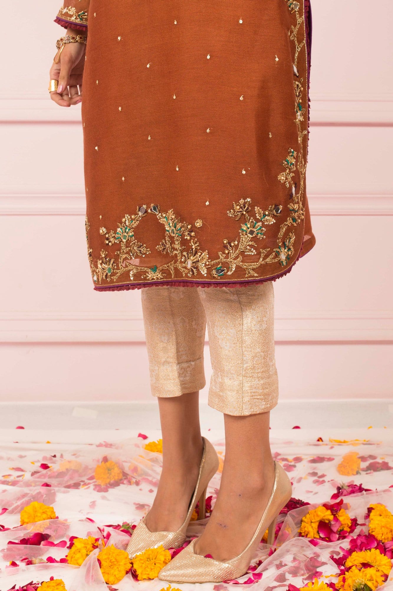 Brown Hand Embroidered Khaddi Net Kurti (1-Pc) - Image 1